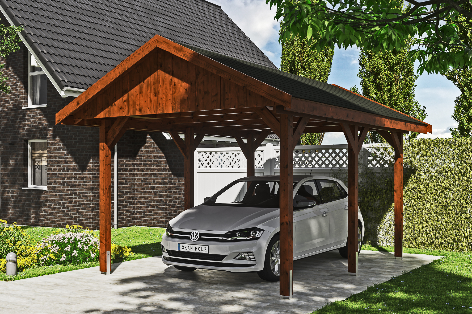 Ambientebild: Carport Wallgau 380 x 500 cm, mit schwarzen Dachschindeln, farblich behandelt in nussbaum