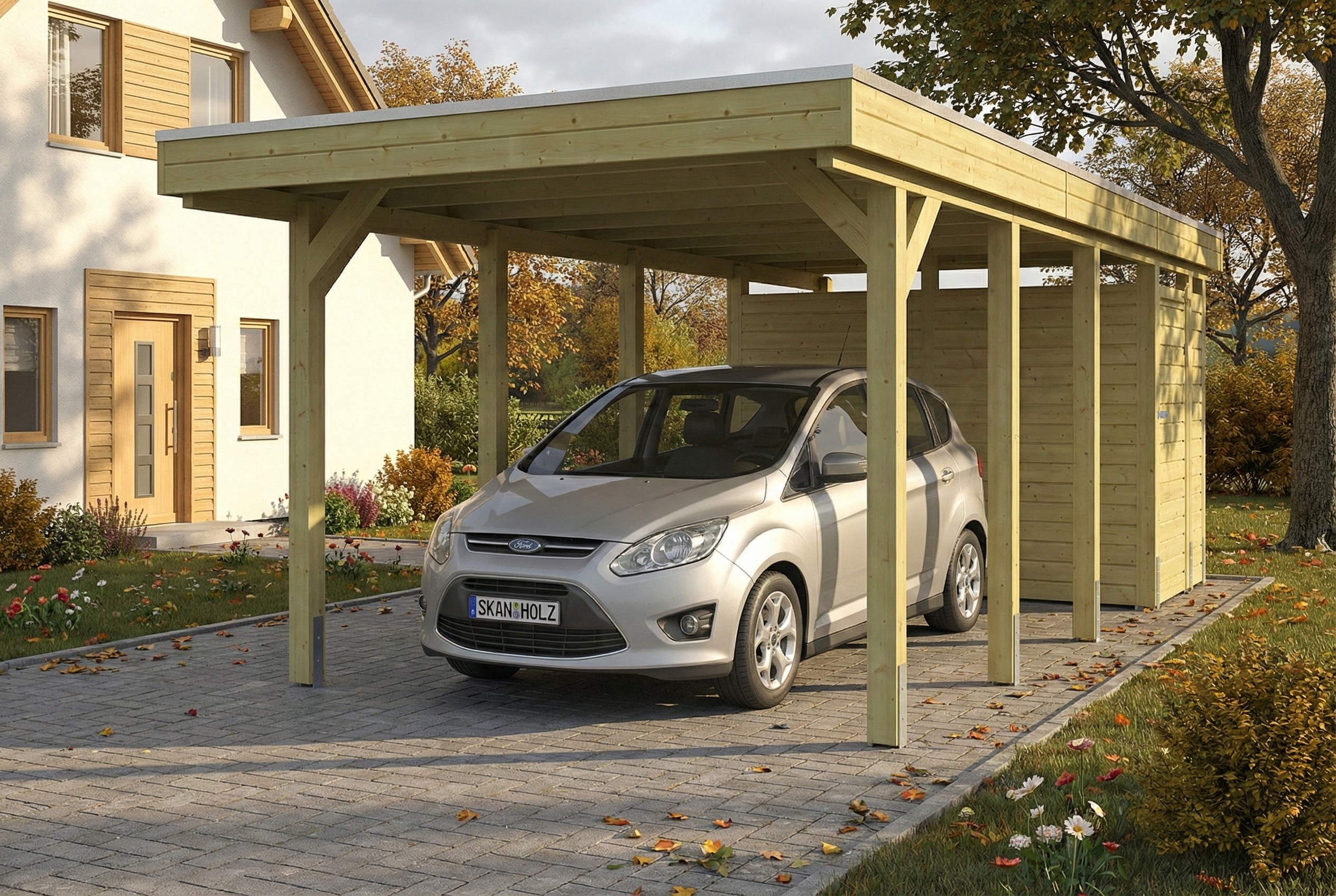 Carport Friesland Set B, 320 x 708 cm, mit Abstellraum, grün imprägniert