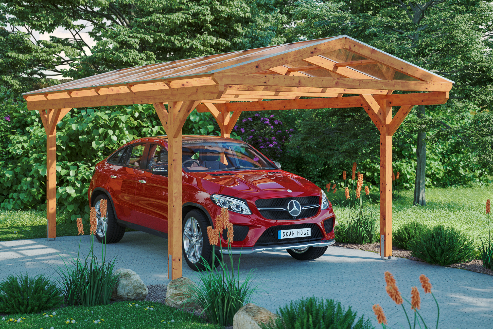 Ambientebild: Carport Westerwald 362 x 648 cm, farblich behandelt in eiche hell