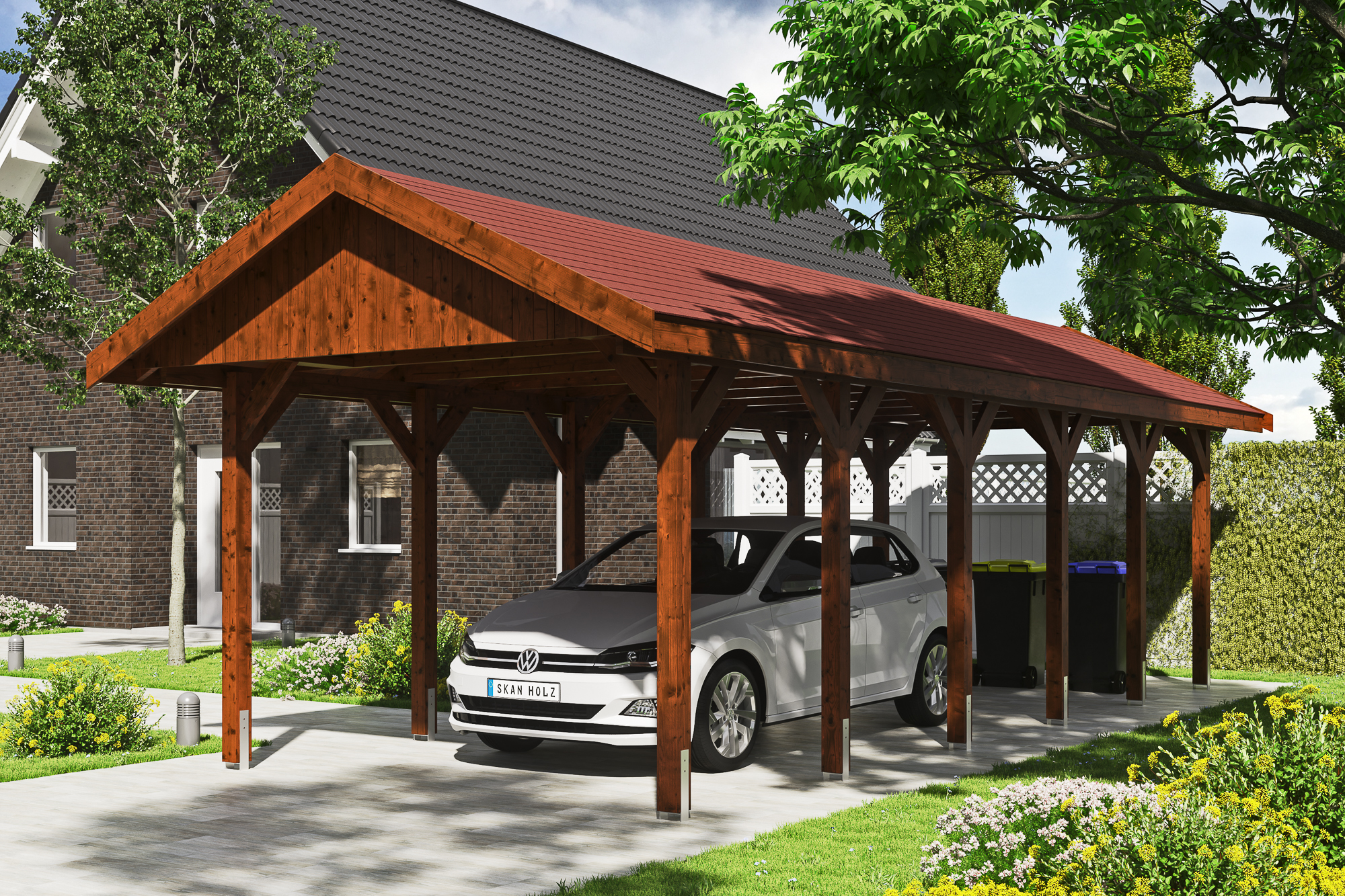 Ambientebild: Carport Wallgau 380 x 900 cm, mit roten Dachschindeln, farblich behandelt in nussbaum