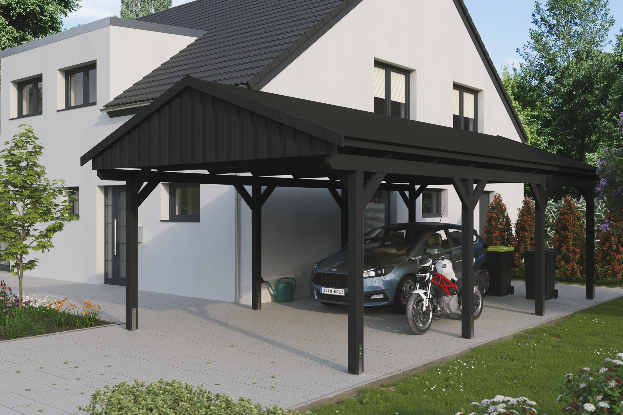 Ambientebild: Carport Fichtelberg 423 x 808 cm, farblich behandelt in anthrazit, mit schwarzen Dachschindeln