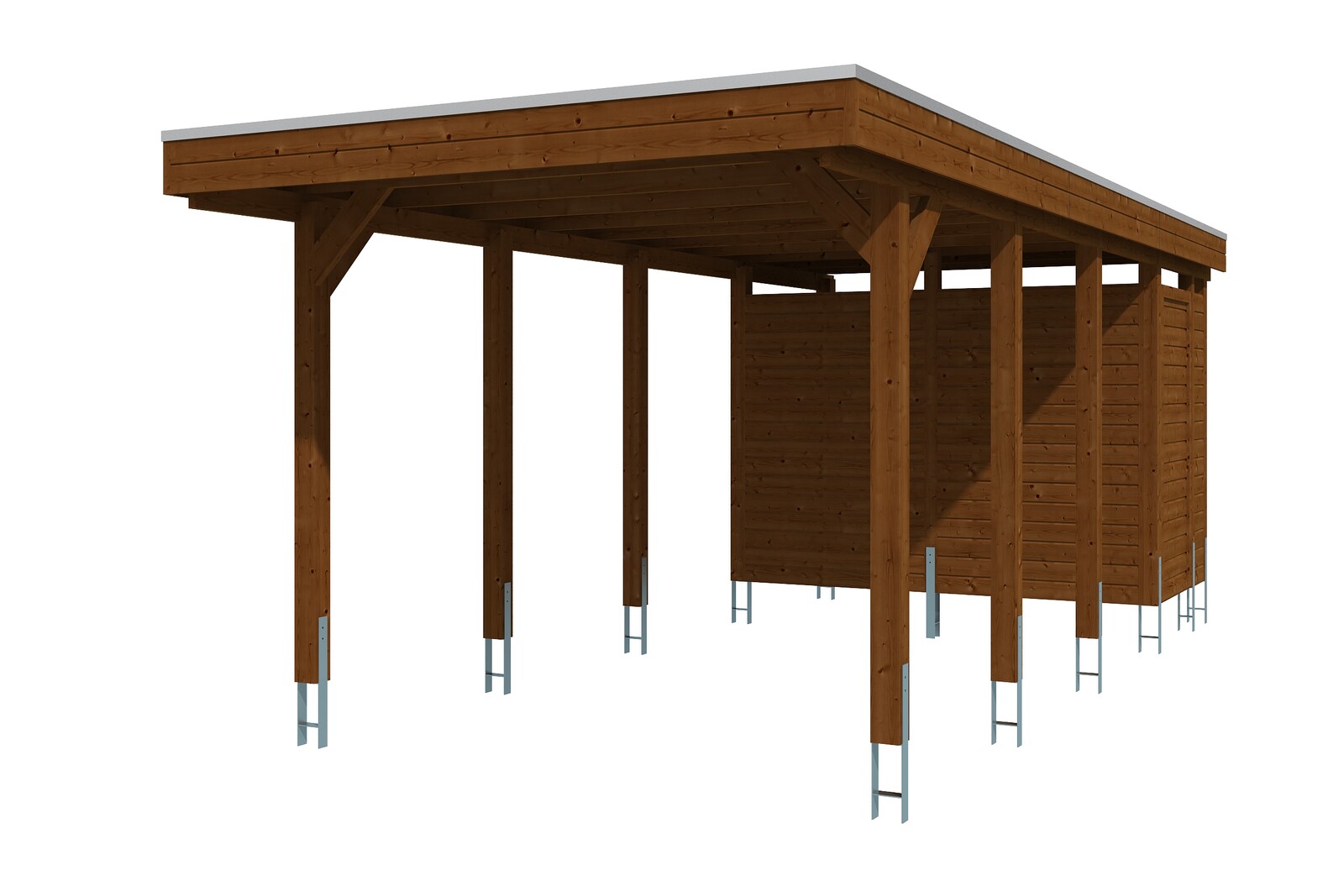 Carport FRIESLAND 314x708cm Set 2, avec remise C1, bois résineux imprégné, traitement coloré noyer