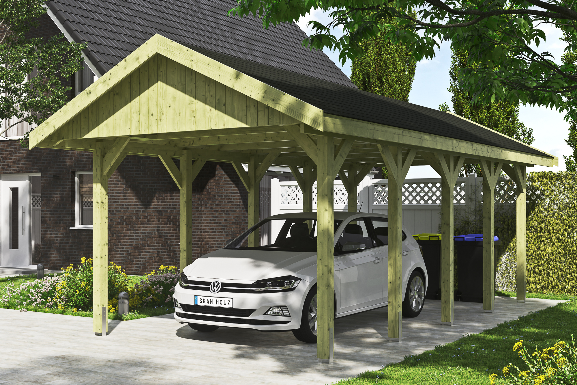 Ambientebild: Carport Wallgau 380 x 750 cm, mit schwarzen Dachschindeln, grün imprägniert 