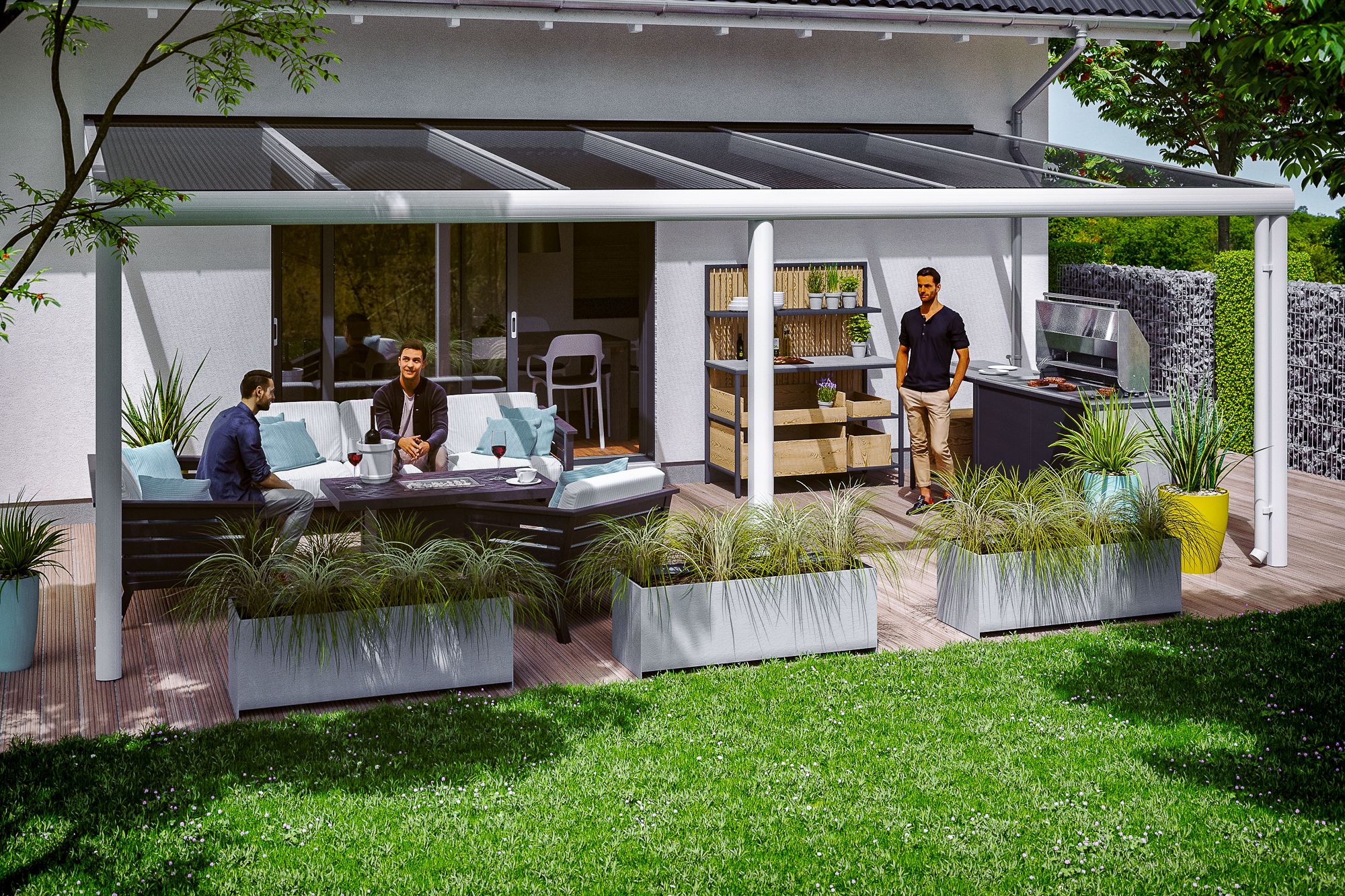 Ambientebild: Terrassenüberdachung Garda, Breite 648 cm, farblich behandelt in weiß