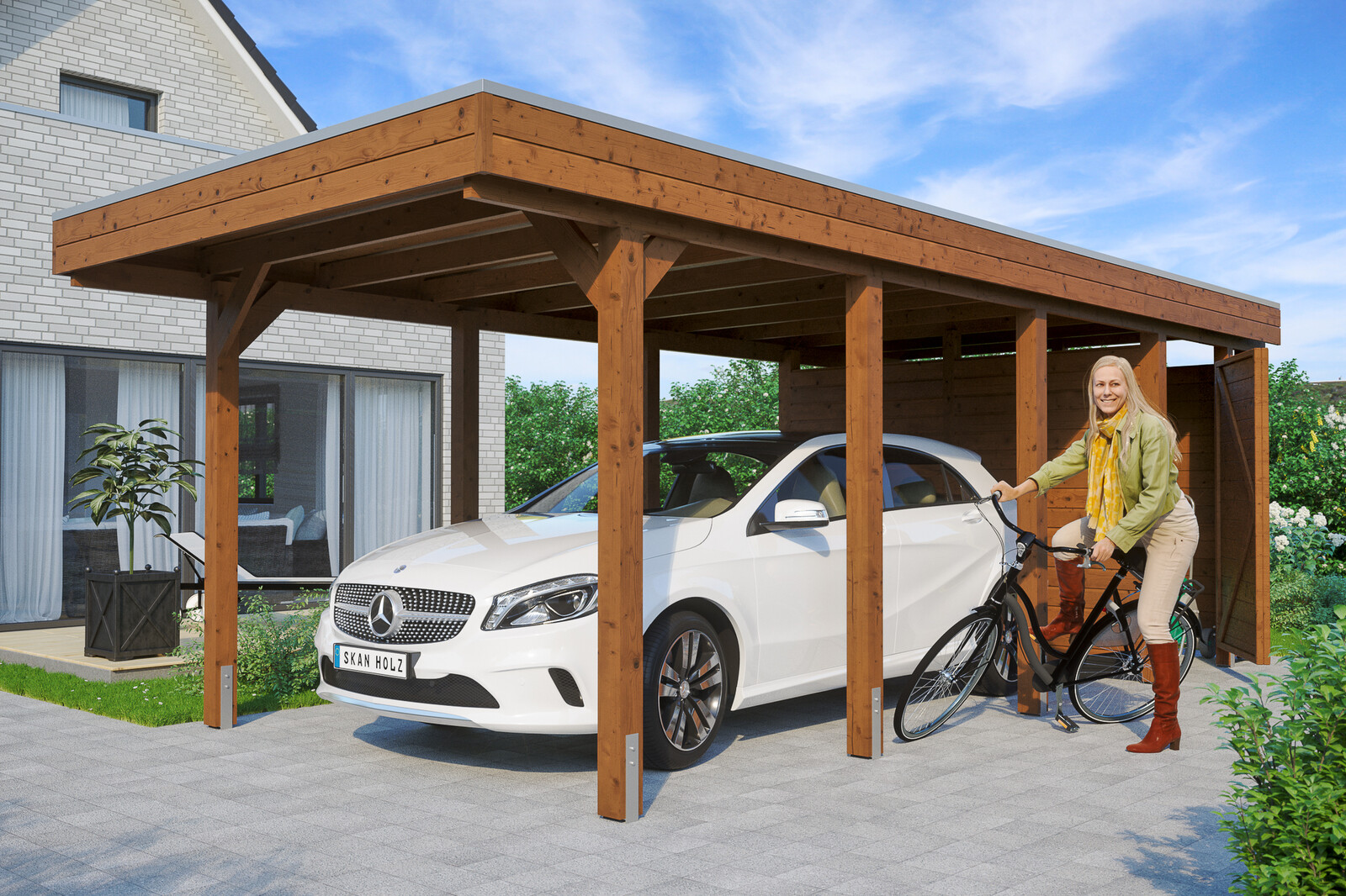 Carport FRIESLAND 314x708cm Set 2, avec remise C1, bois résineux imprégné, traitement coloré noyer