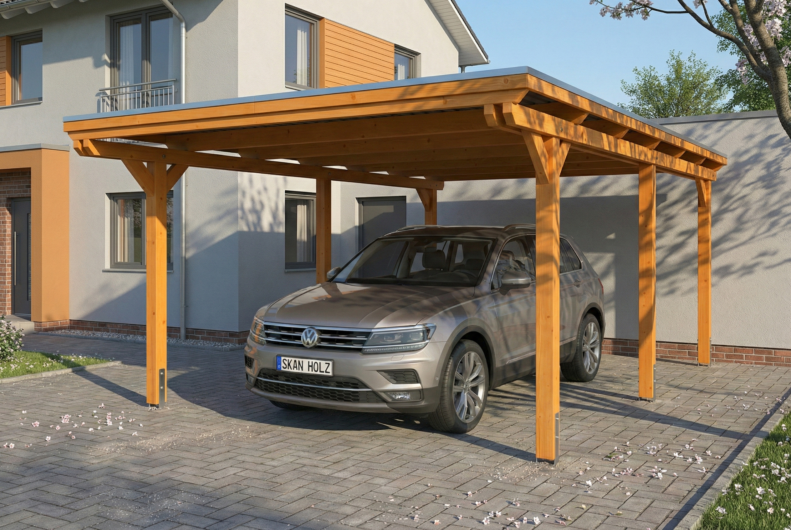 Carport Emsland 402 x 604 cm, stalen dakplaten met antiek condensvlies, licht eiken