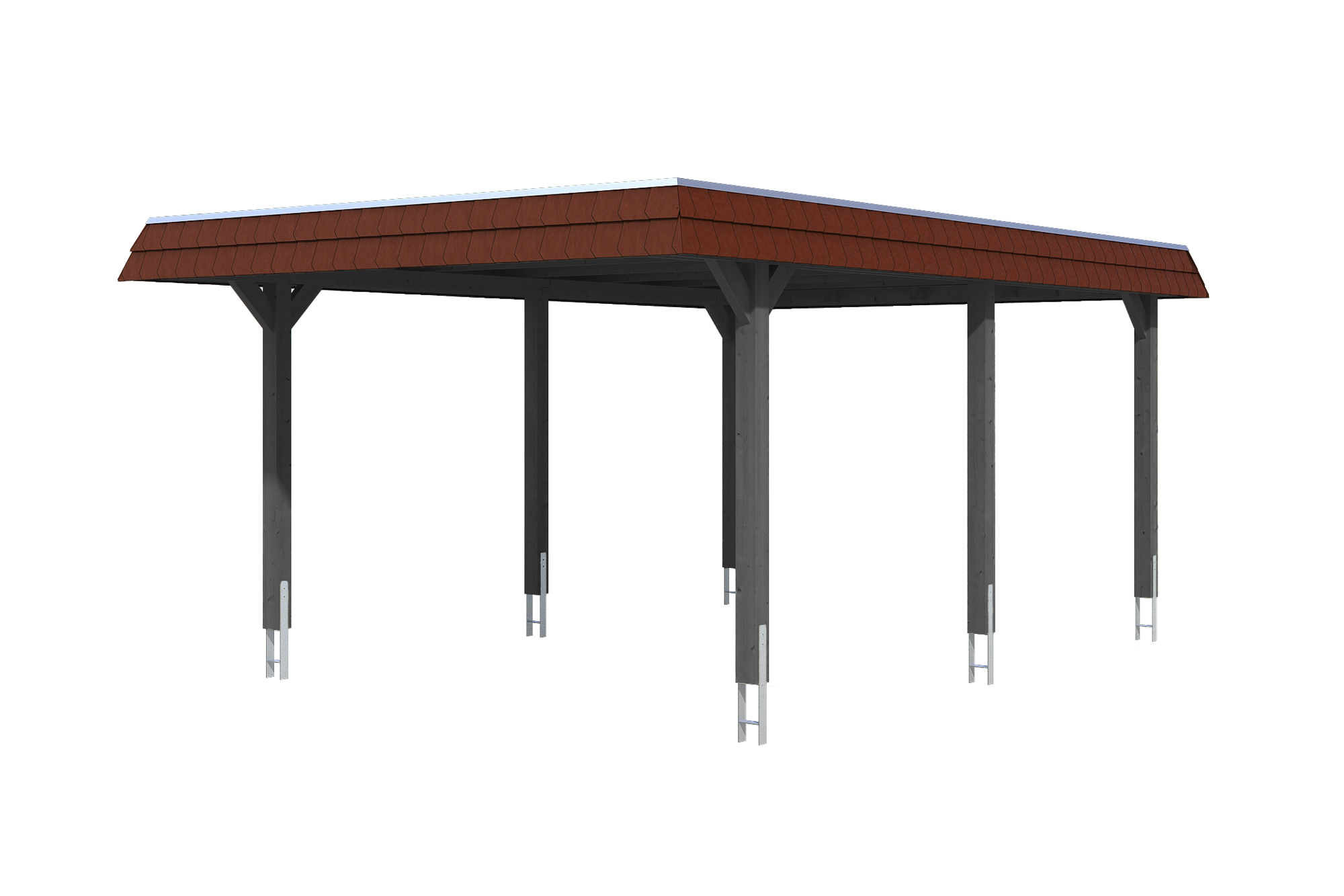 Produktbild: Carport Wendland 409 x 628 cm, mit roter Blende, farblich behandelt in schiefergrau