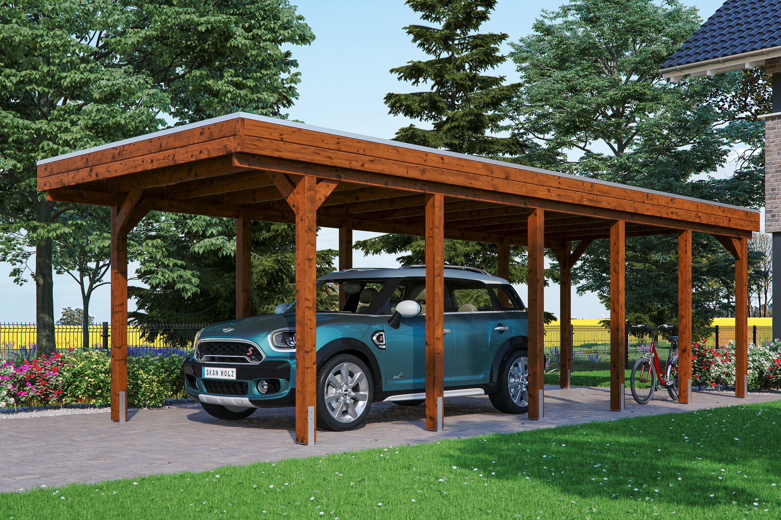 Carport FRIESLAND 314x860cm, avec panneaux de toit en aluminium, bois résineux imprégné, traitement coloré noyer