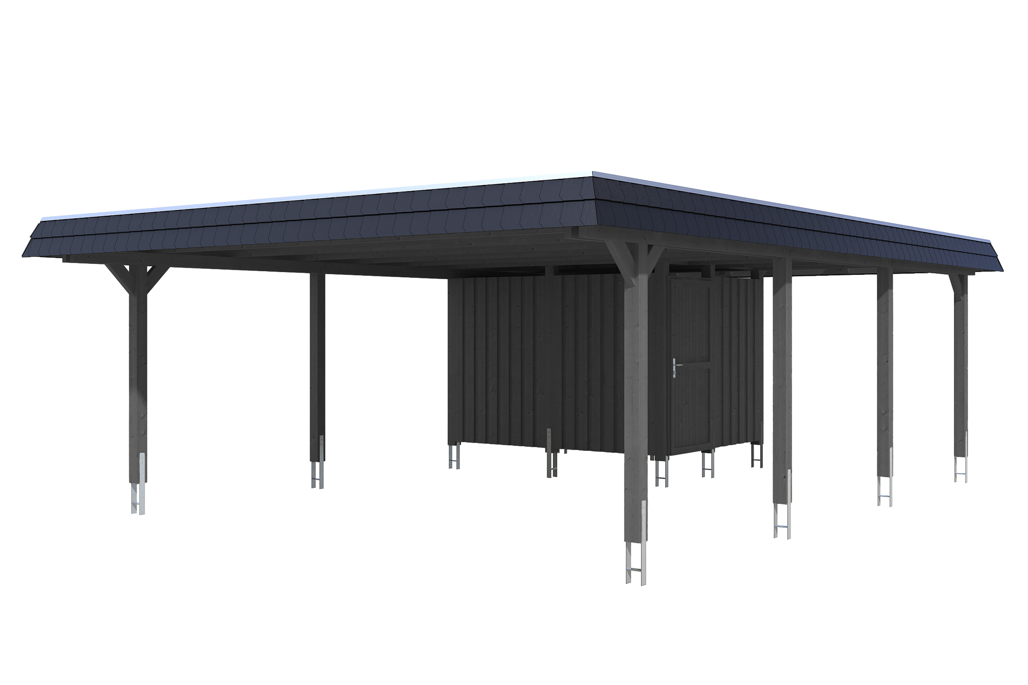 Produktbild: Carport Wendland 630 x 879 cm, mit Abstellraum, mit schwarzer Blende, farblich behandelt in schiefergrau