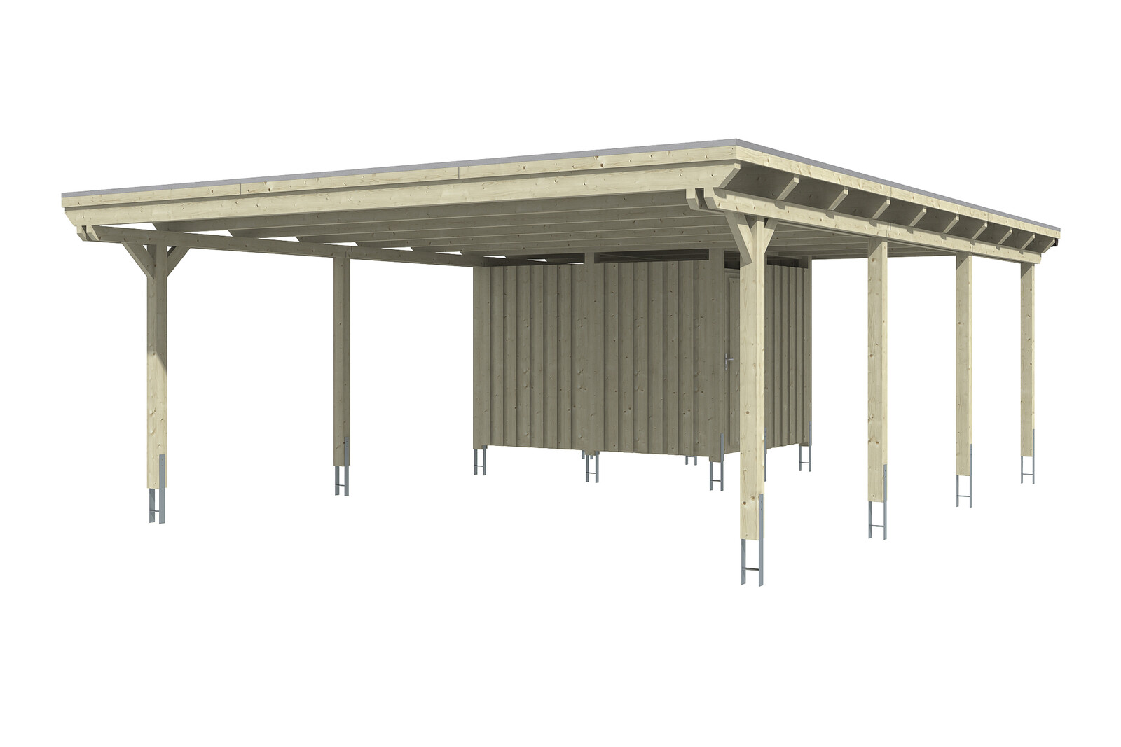 Carport Emsland 613 x 846 cm mit Aluminiumdach, mit Abstellraum, natur