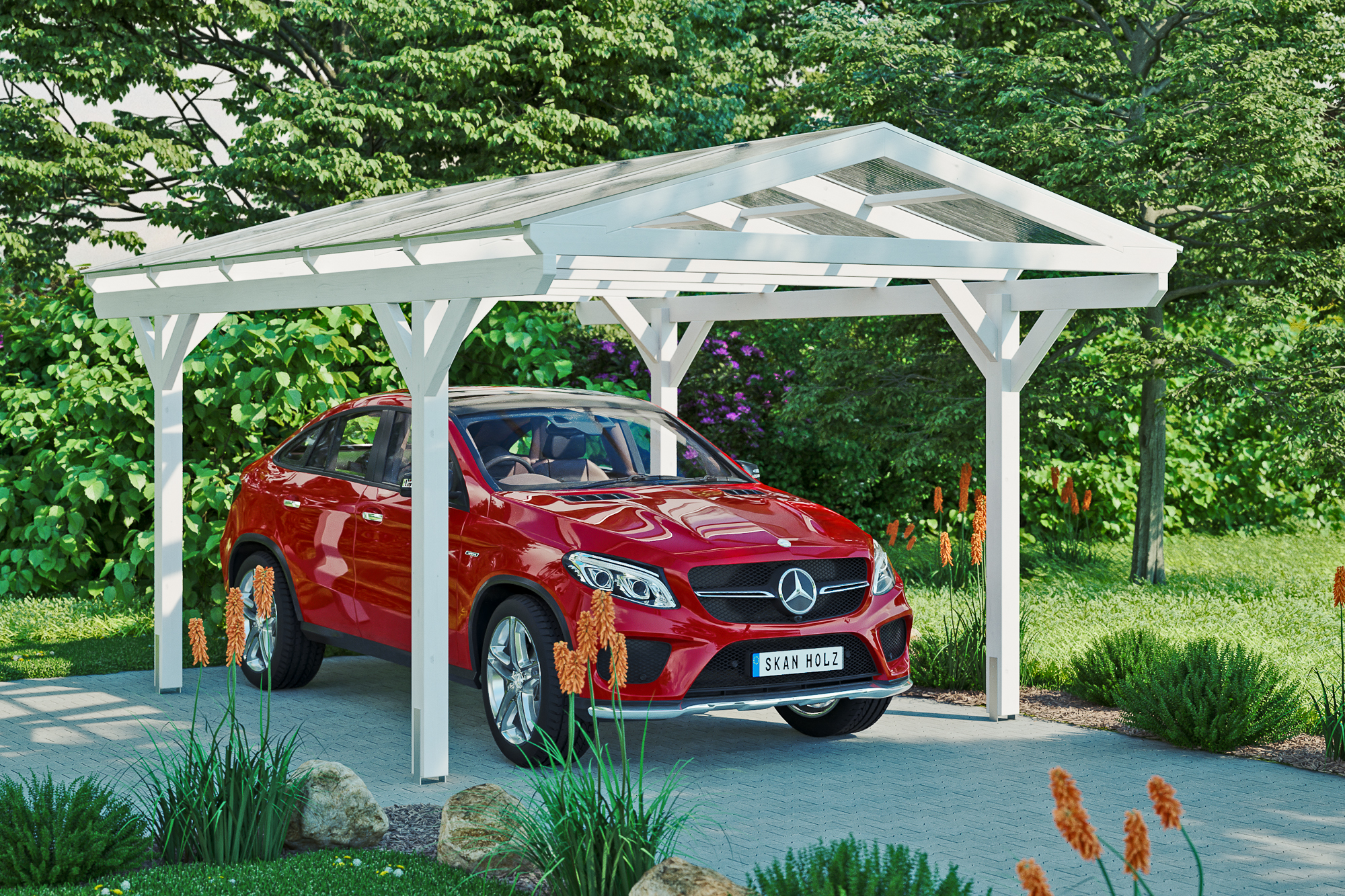 Carport WESTERWALD 362x541, bois lamellé-collé, traitement coloré blanc