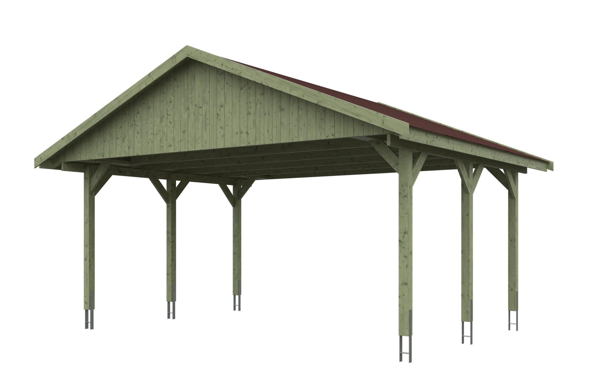 Produktbild: Carport Wallgau 620 x 500 cm, mit roten Dachschindeln, grün imprägniert