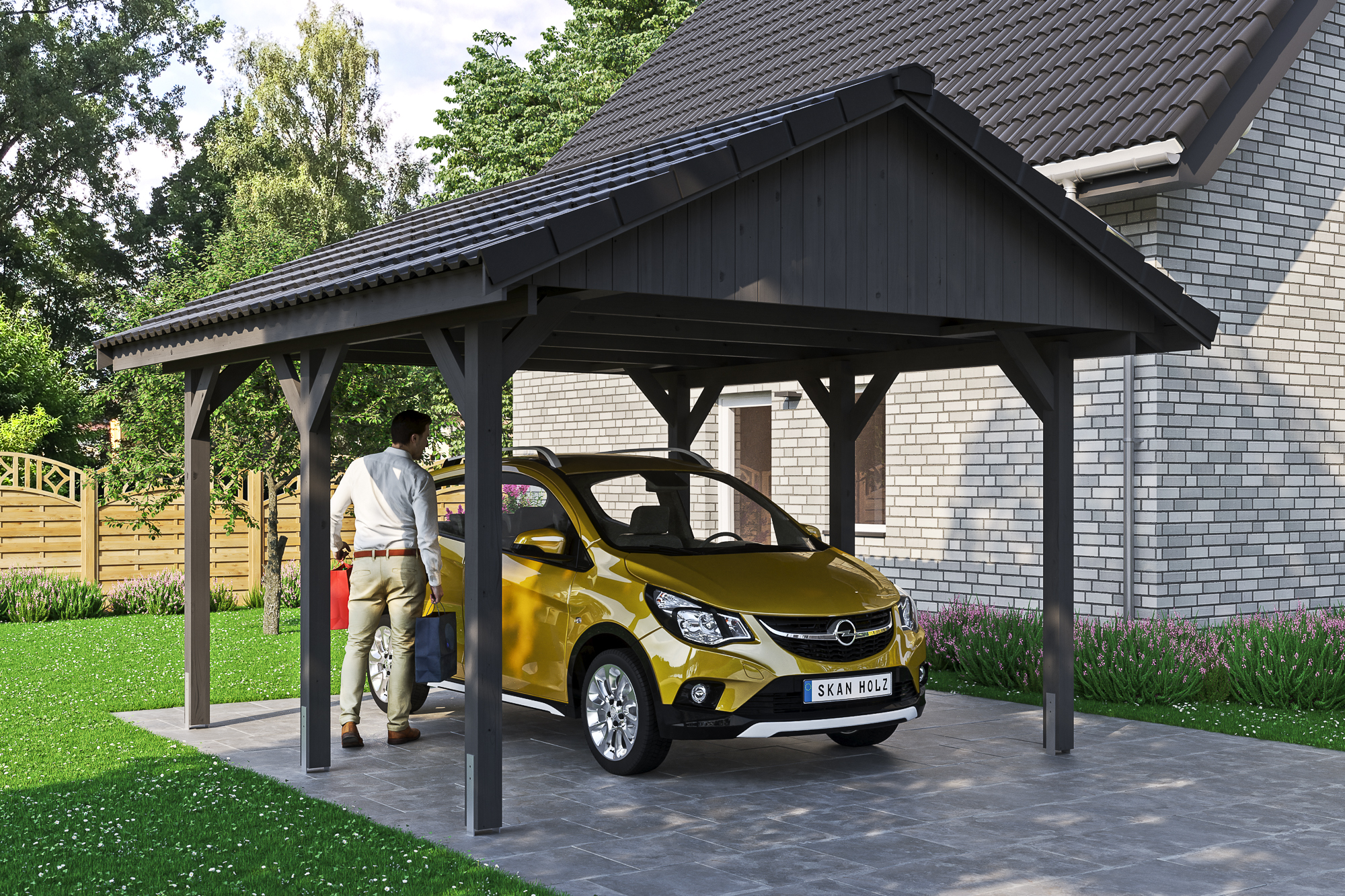Ambientebild: Carport Wallgau 430 x 500 cm, mit Dachziegeln, farblich behandelt in schiefergrau