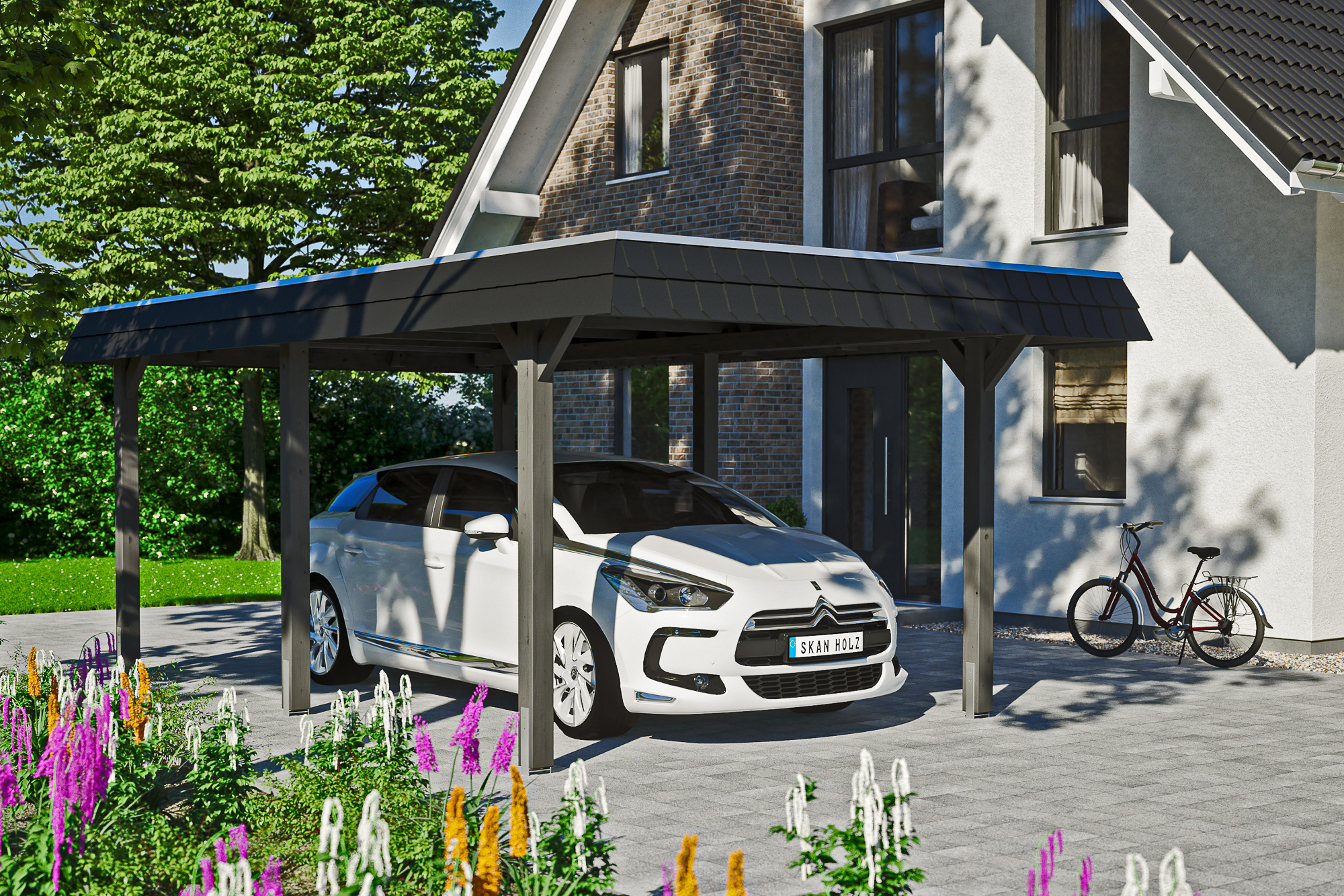 Ambientebild: Carport Wendland 362 x 628 cm, mit schwarzer Blende, farblich behandelt in schiefergrau
