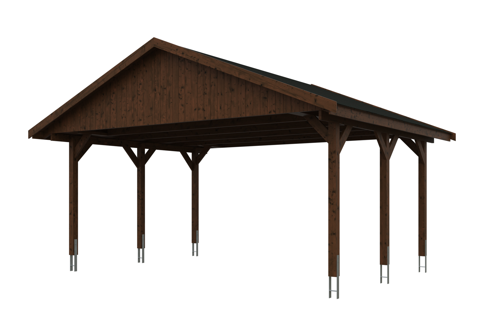 Carport Wallgau 620 x 500 cm, gelakt in noten, inclusief zwarte dakshingels