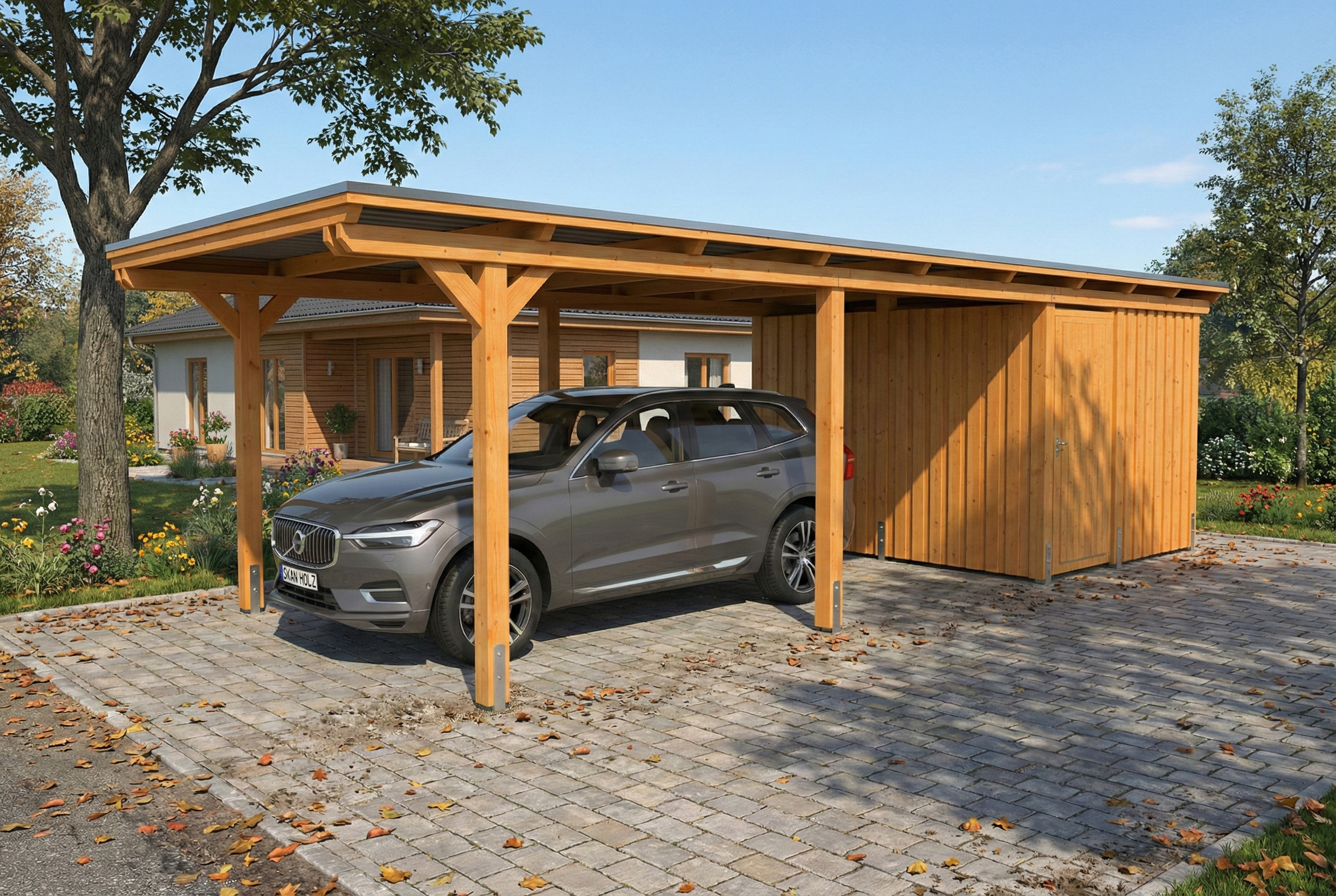 Carport Emsland 340 x 846 cm, panneaux de toit en acier avec non-tissé anti-condensation, avec débarras, chêne clair