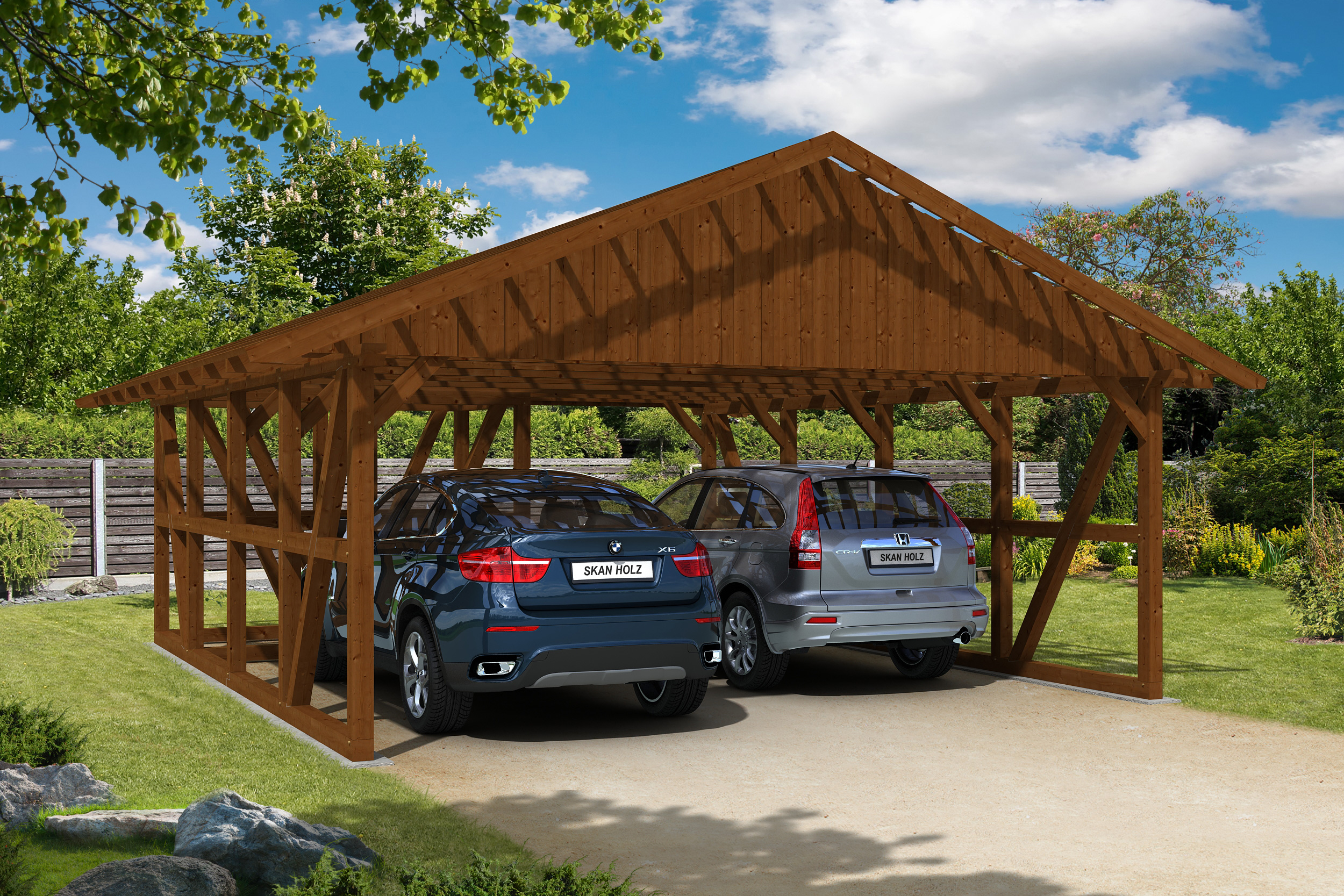 Carport Schwarzwald 684 x 772 cm, met bergruimte 274cm, met daklatten, gelakt in noten