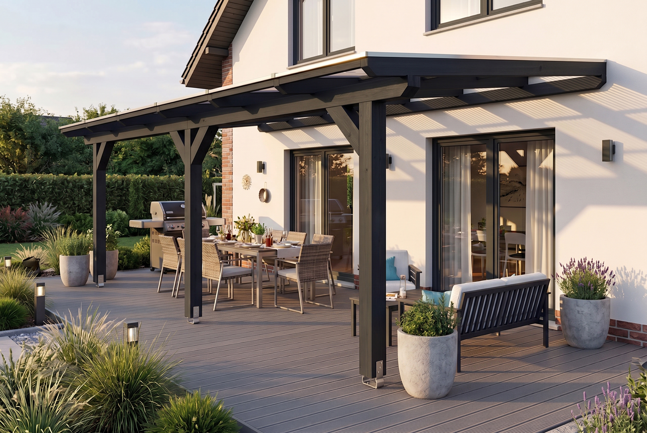 Pergola adossée ANDRIA 648x400cm, bois lamellé-collé, traitement coloré anthracite