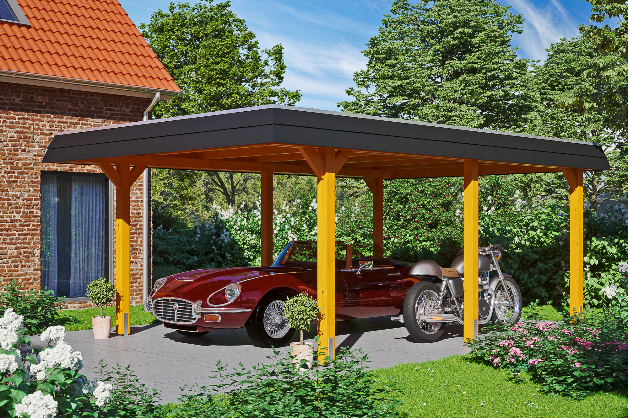 Ambientebild: Carport Wendland 409 x 628 cm, mit schwarzer Blende, farblich behandelt in eiche hell