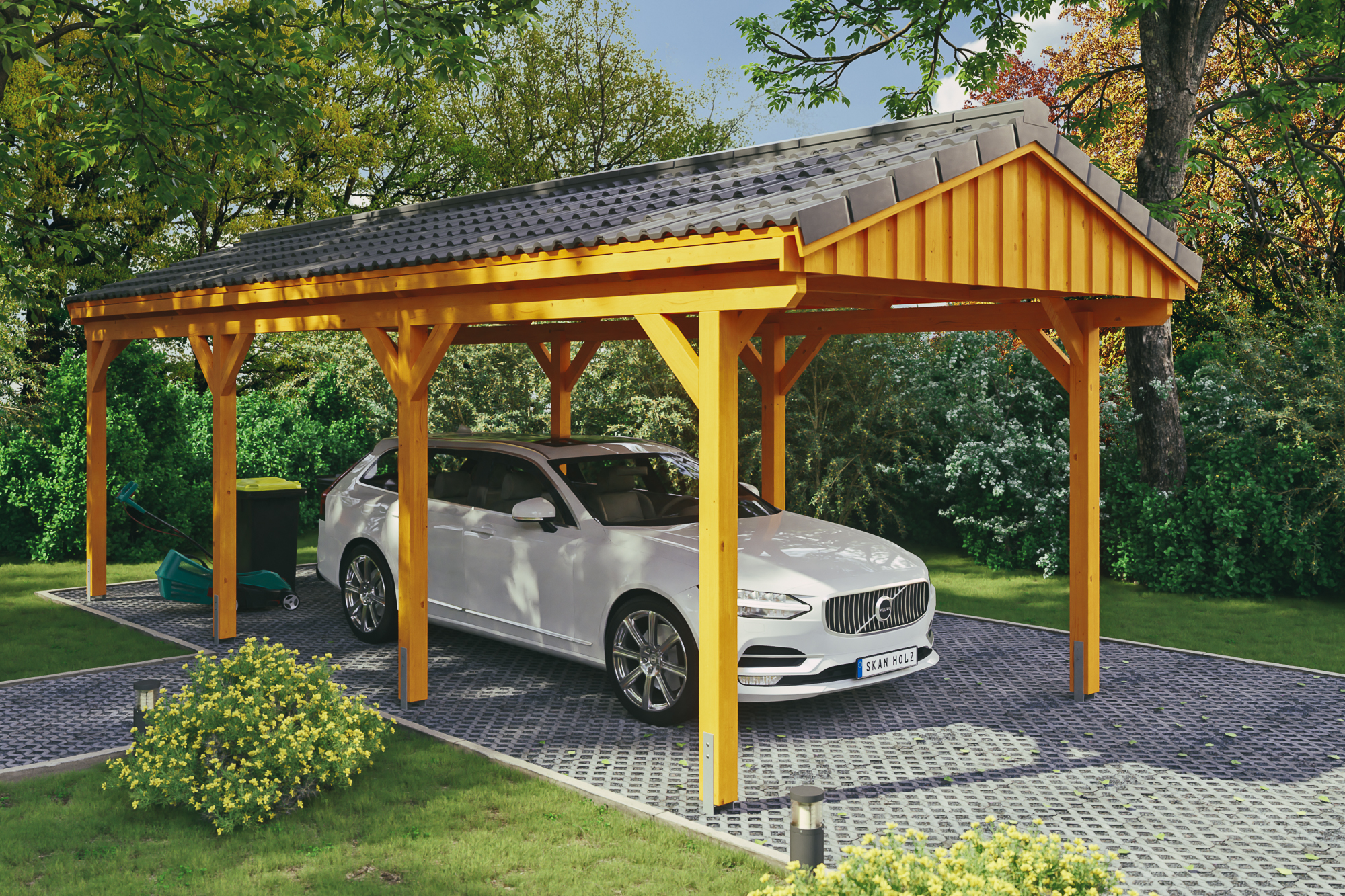 Ambientebild: Carport Fichtelberg 317 x 808 cm, farblich behandelt in eiche hell, mit Dachziegeln