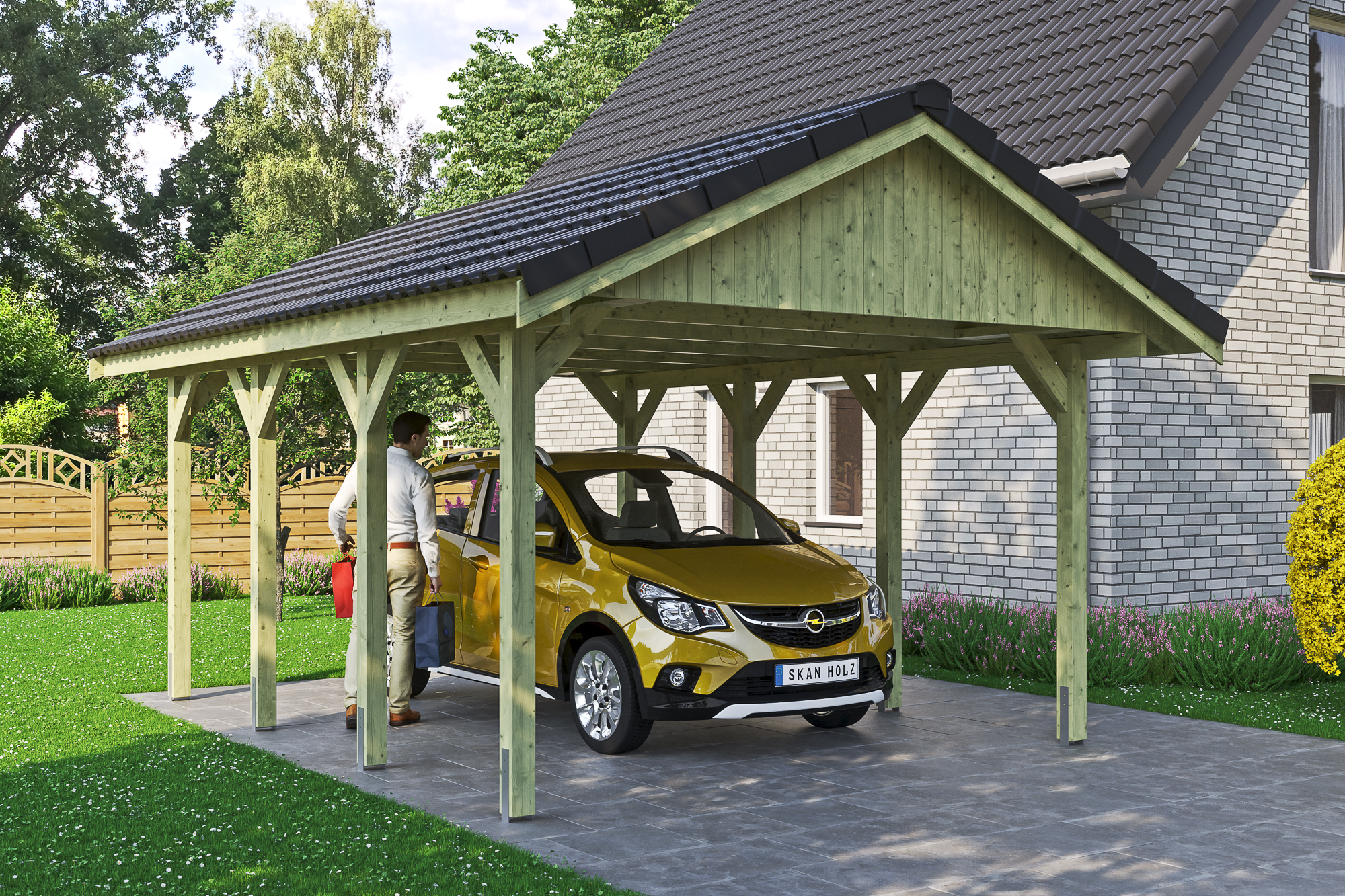 Ambientebild: Carport Wallgau 430 x 600 cm, mit Dachziegeln, grün imprägniert 