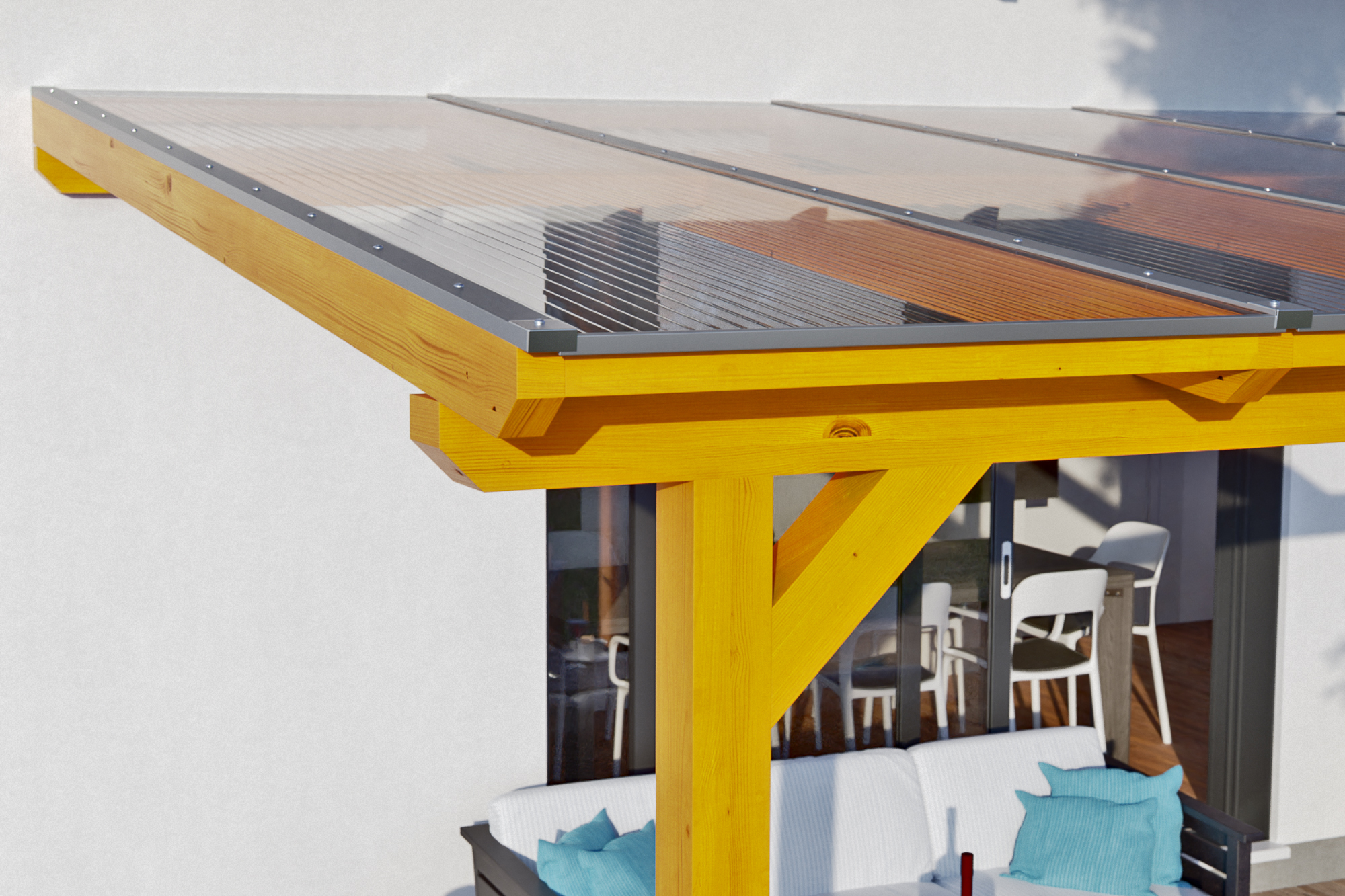 Detailbild einer Terrassenüberdachung Andria/Bormio farblich behandelt farblich behandelt in eiche hell mit Blick seitlich auf das Dach