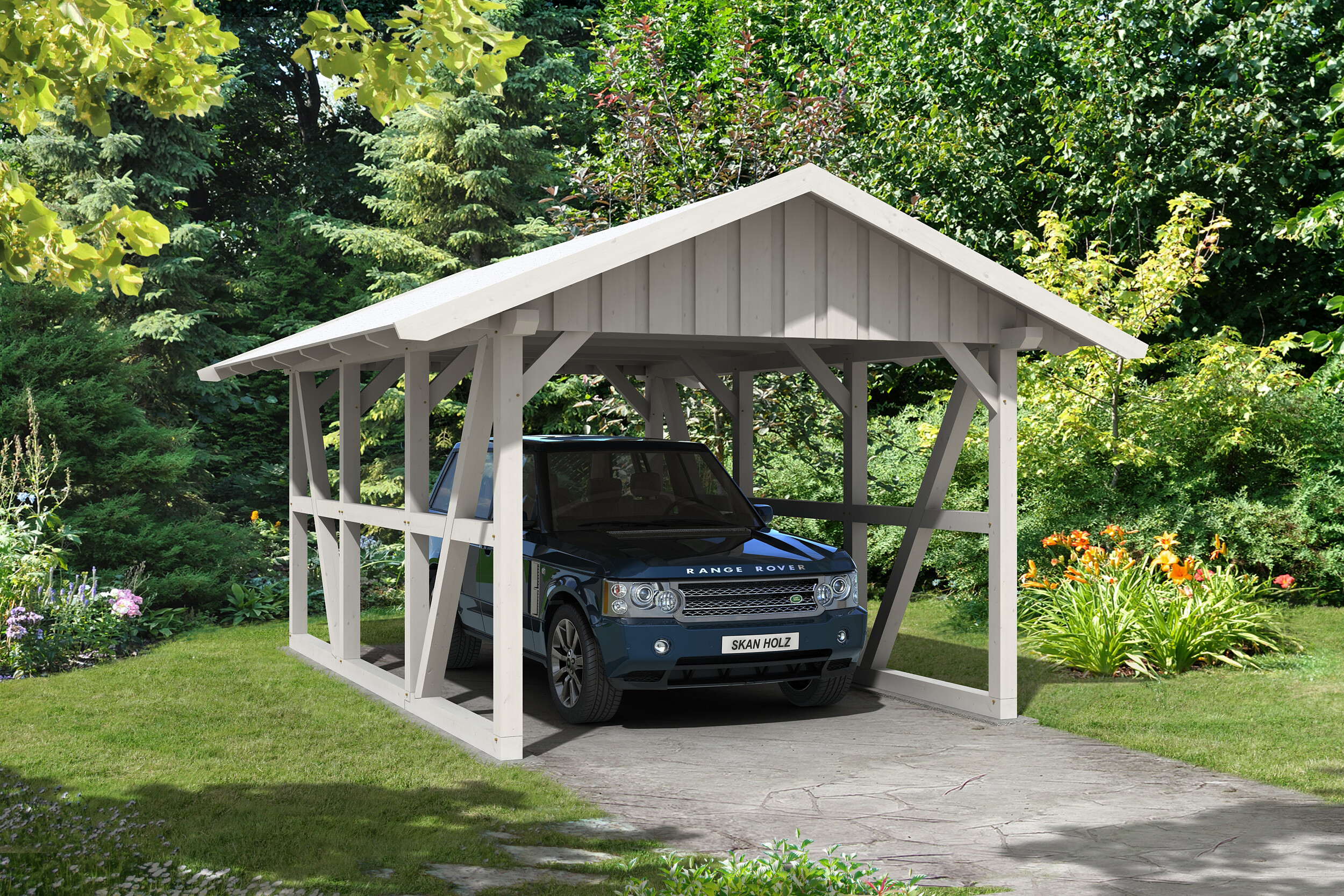 Carport Schwarzwald 424 x 600 cm, weiß, mit Dachschalung