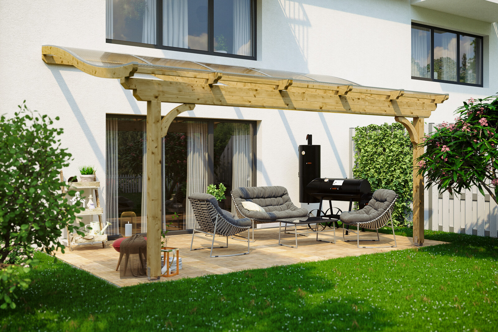 Pergola adossée VERONA 541x389cm, bois lamellé-collé, non traité