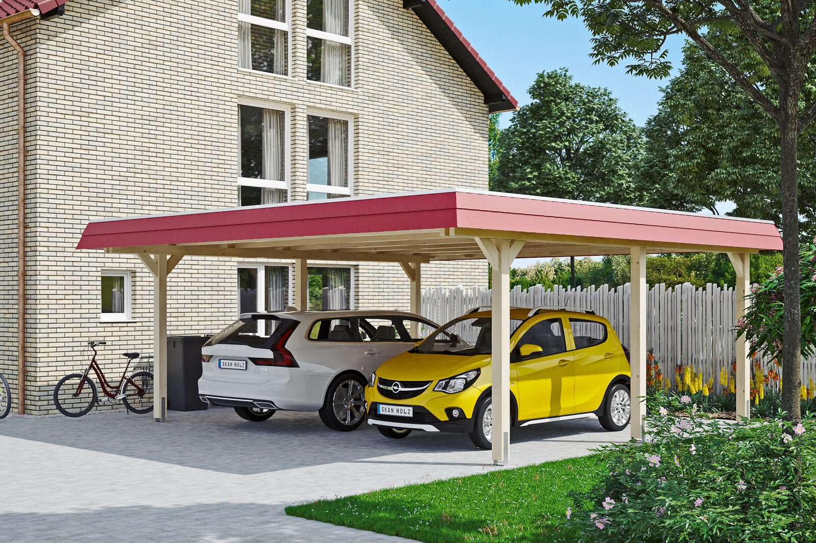 Carport WENDLAND 630x637cm, toit en aluminium, bandeau rouge, bois lamellé-collé, non traité