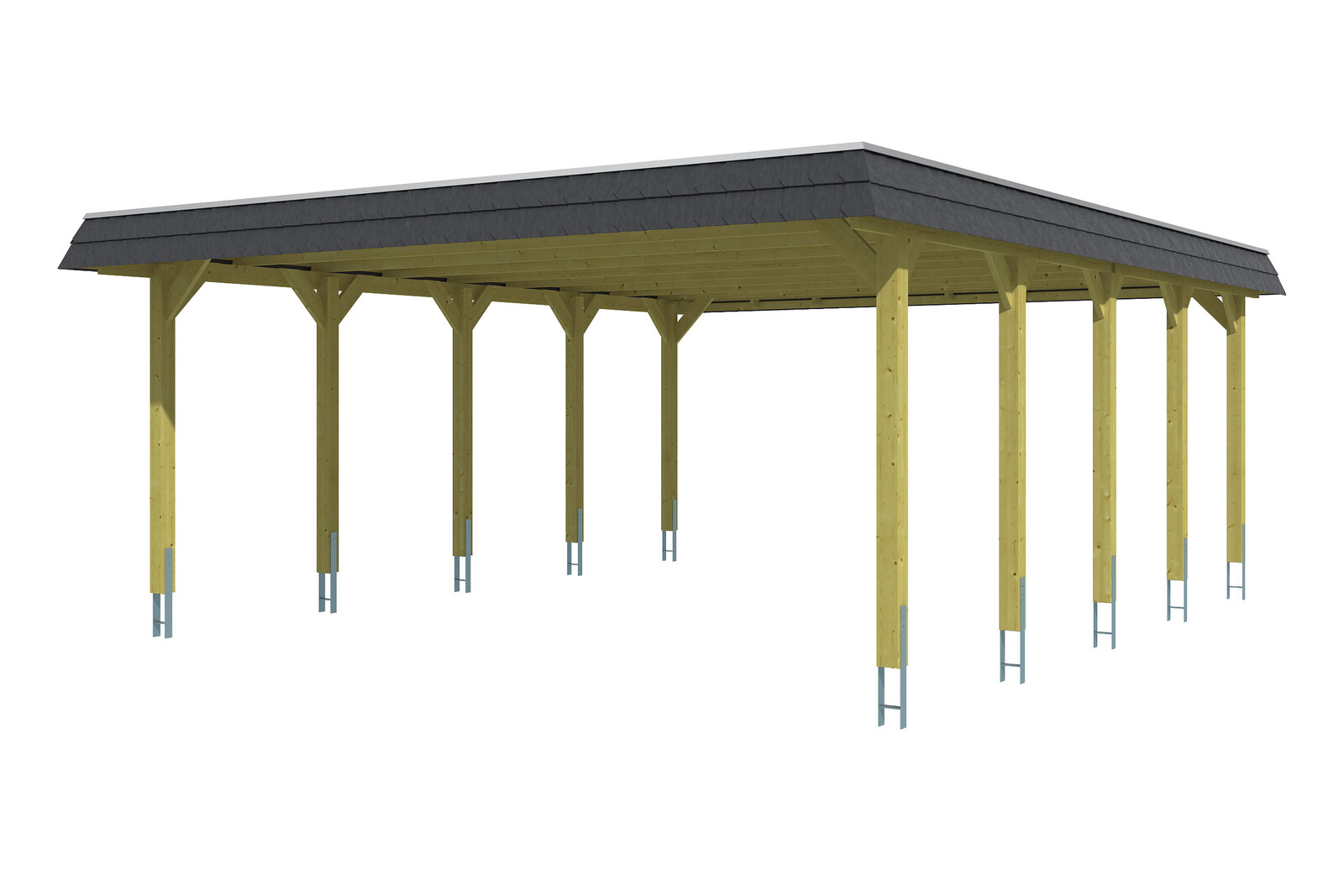 Carport SPREEWALD 585x741cm, toit en aluminium, bandeau noir, bois résineux imprégné vert