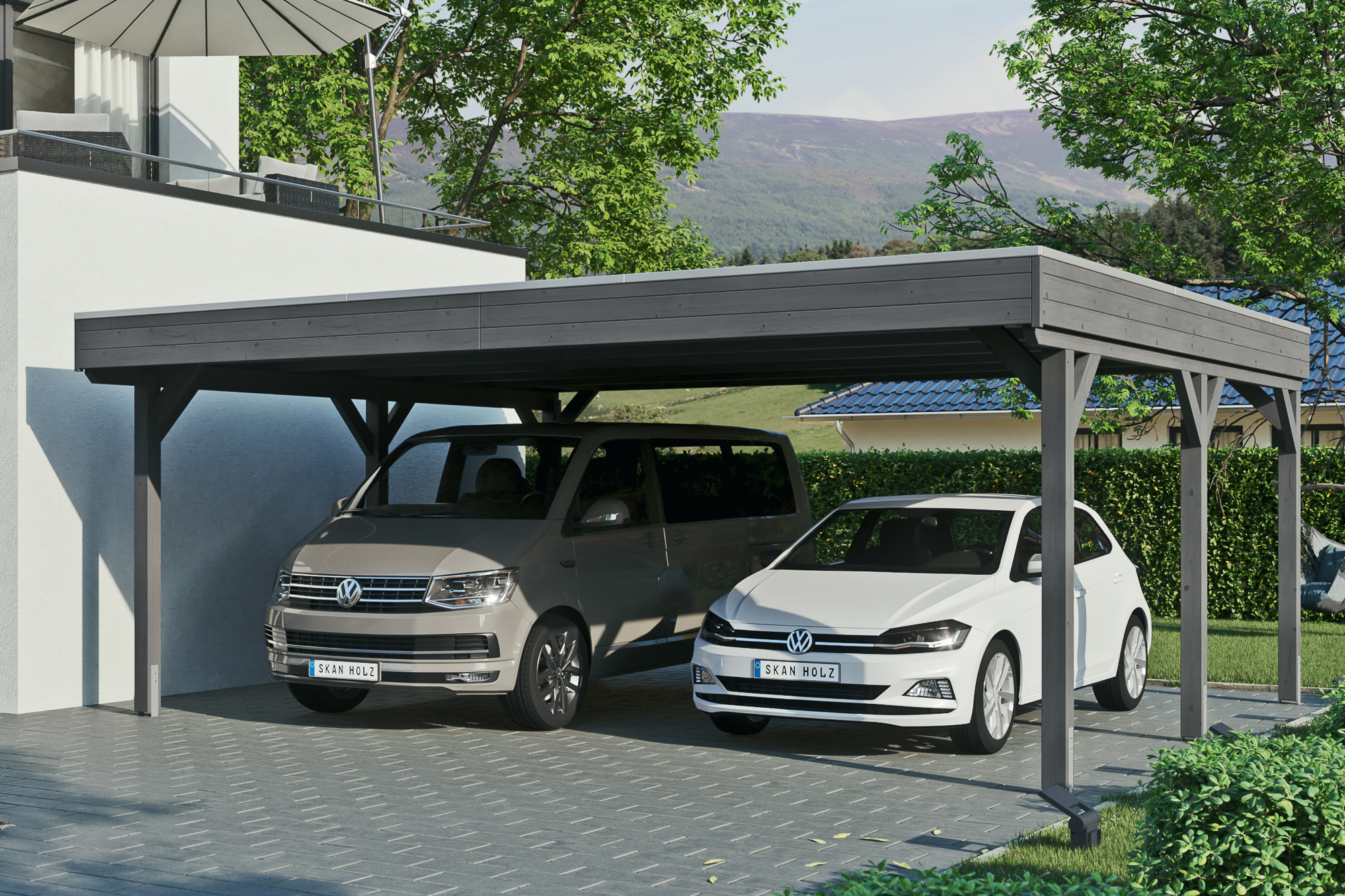 Ambientebild: Carport Grunewald 622 x 554 cm, farblich behandelt in schiefergrau