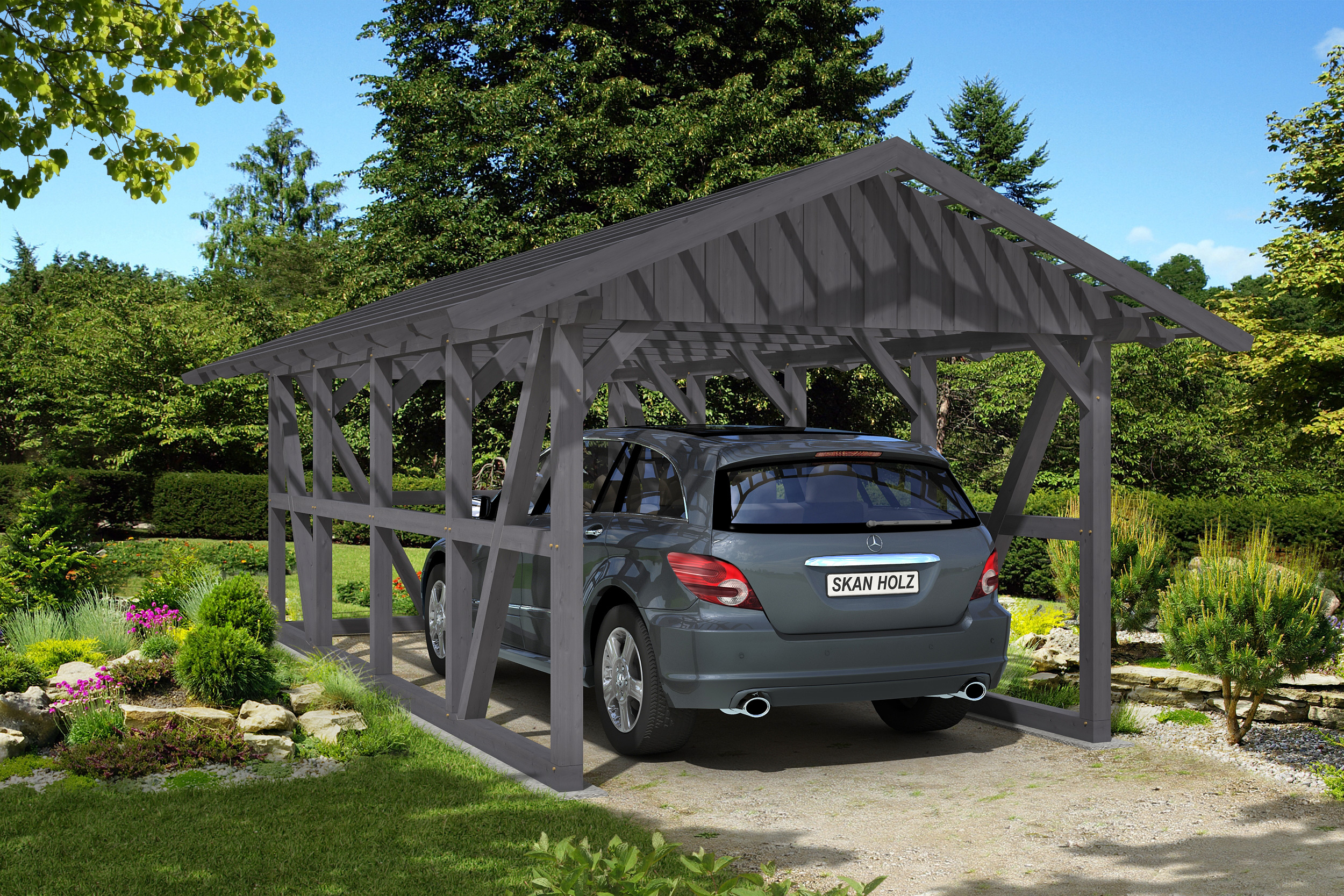 Carport Schwarzwald 424 x 772 cm mit Rückwand, schiefergrau, mit Dachlattung