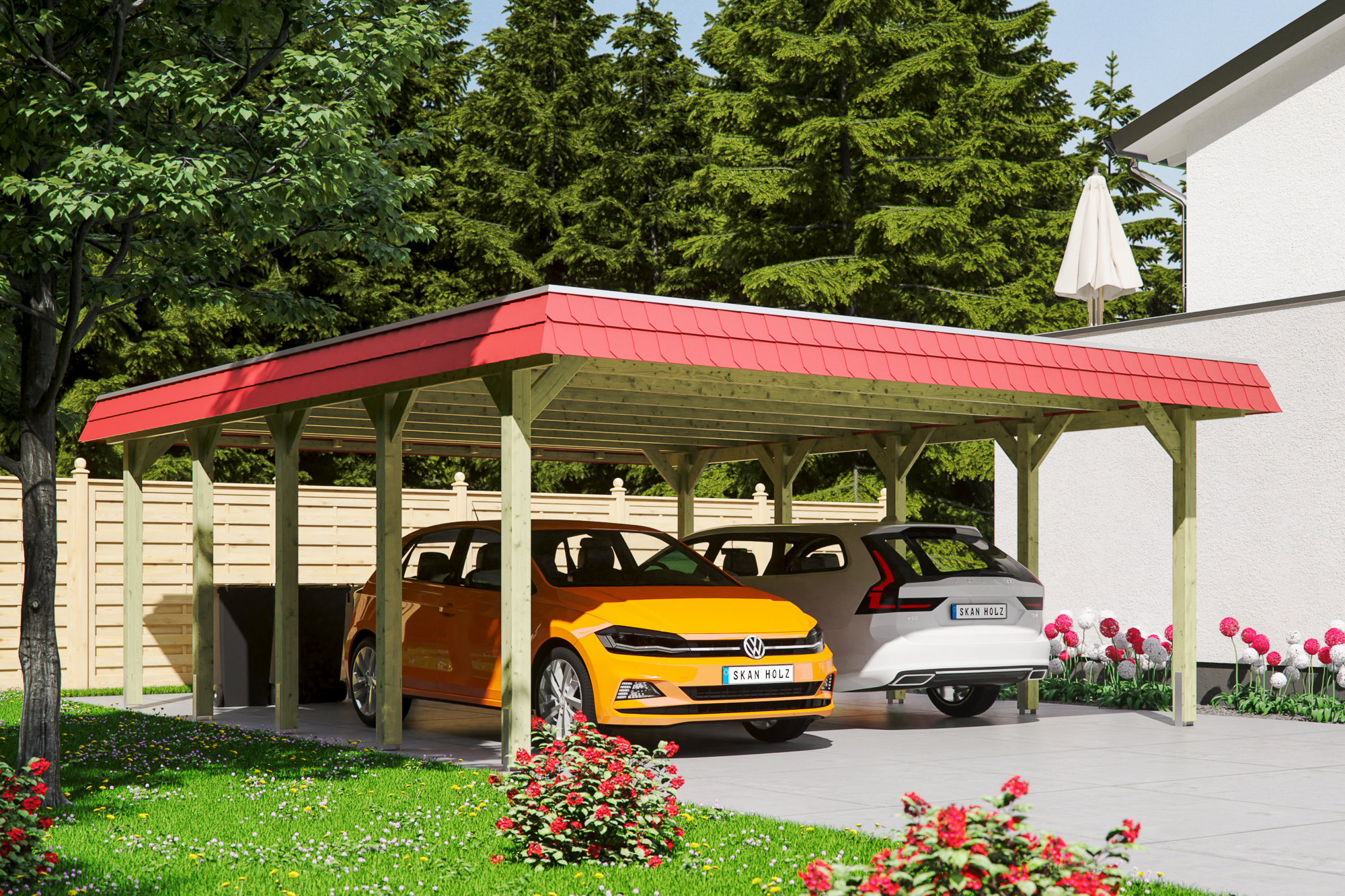 Ambientebild: Carport Spreewald 585 x 741 cm mit roter Blende, grün imprgniert