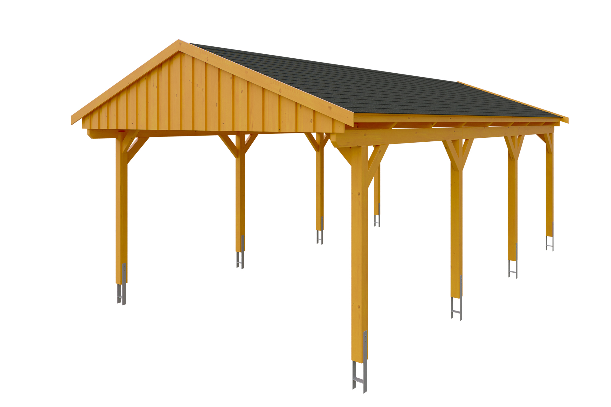 Produktbild: Carport Fichtelberg 423 x 808 cm, farblich behandelt in eiche hell, mit schwarzen Dachschindeln