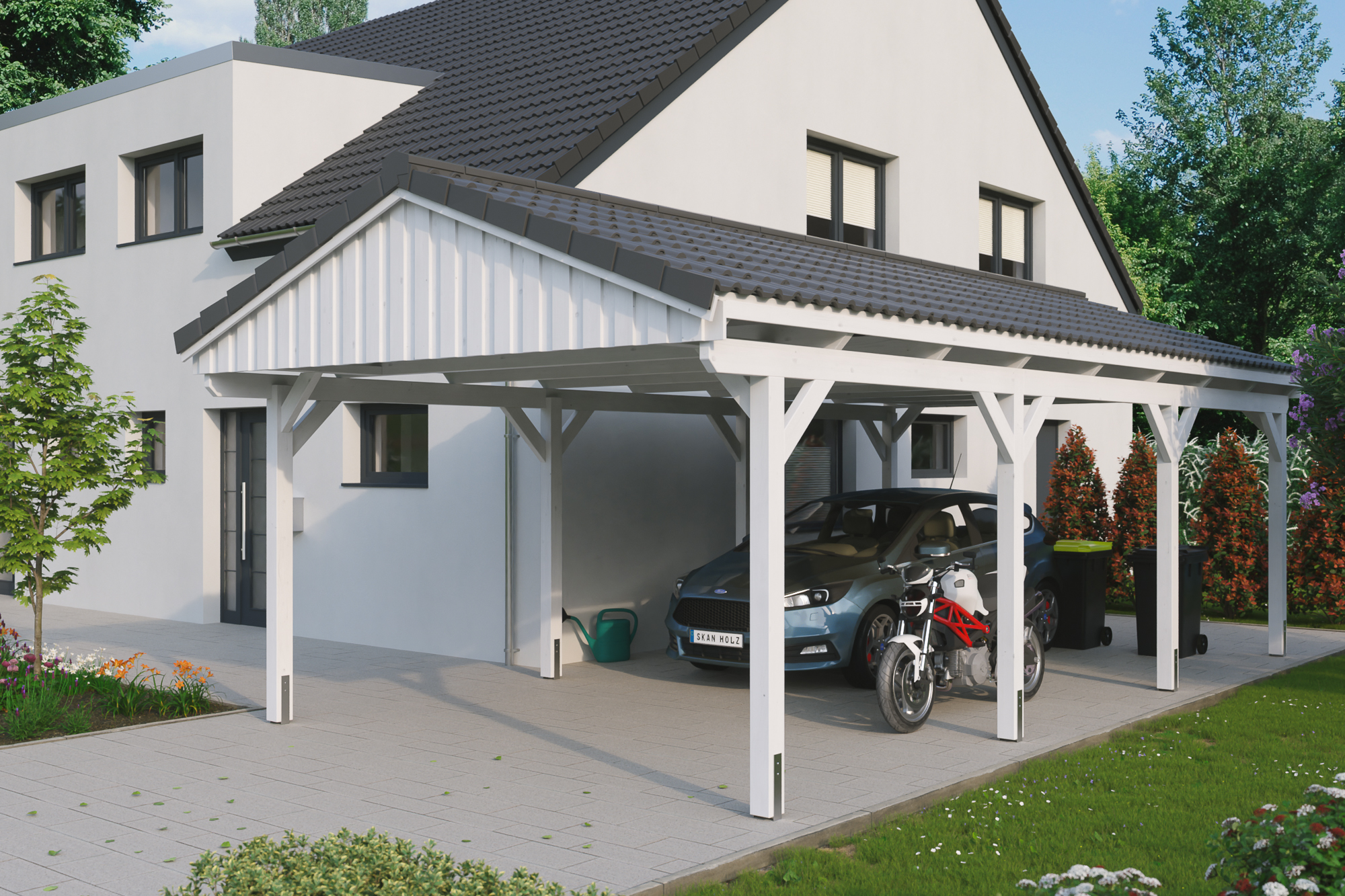 Ambientebild: Carport Fichtelberg 423 x 808 cm, farblich behandelt in weiß, mit Dachziegeln