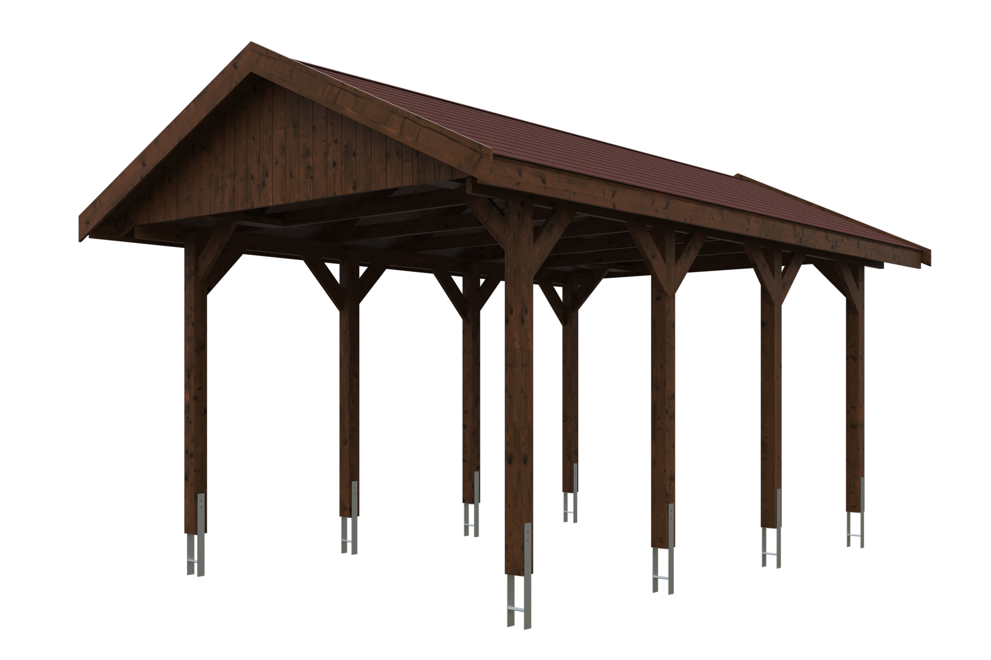 Produktbild: Carport Wallgau 380 x 600 cm, mit roten Dachschindeln, farblich behandelt in nussbaum