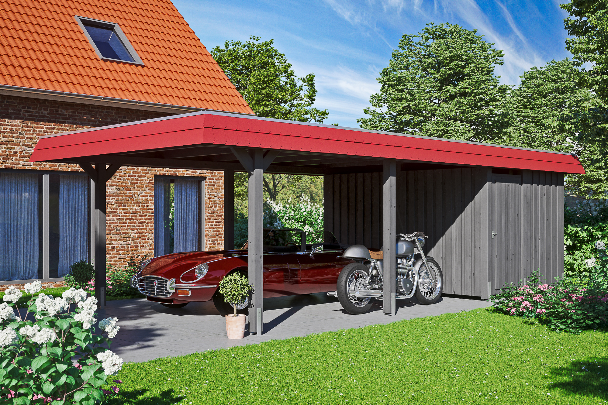 Ambientebild: Carport Wendland 409 x 870 cm, mit Abstellraum, mit roter Blende, farblich behandelt in schiefergrau