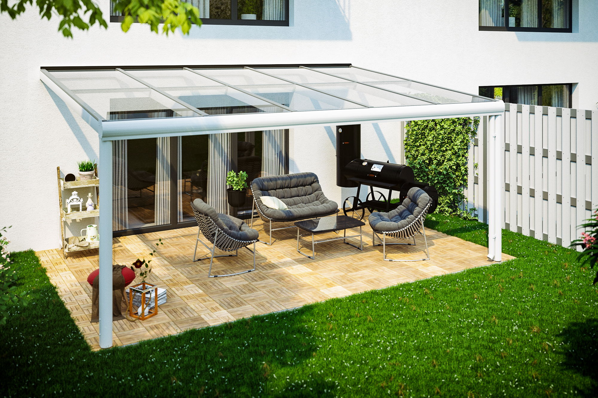 Ambientebild: Terrassenüberdachung Modena, Breite 541 cm, farblich behandelt in weiß