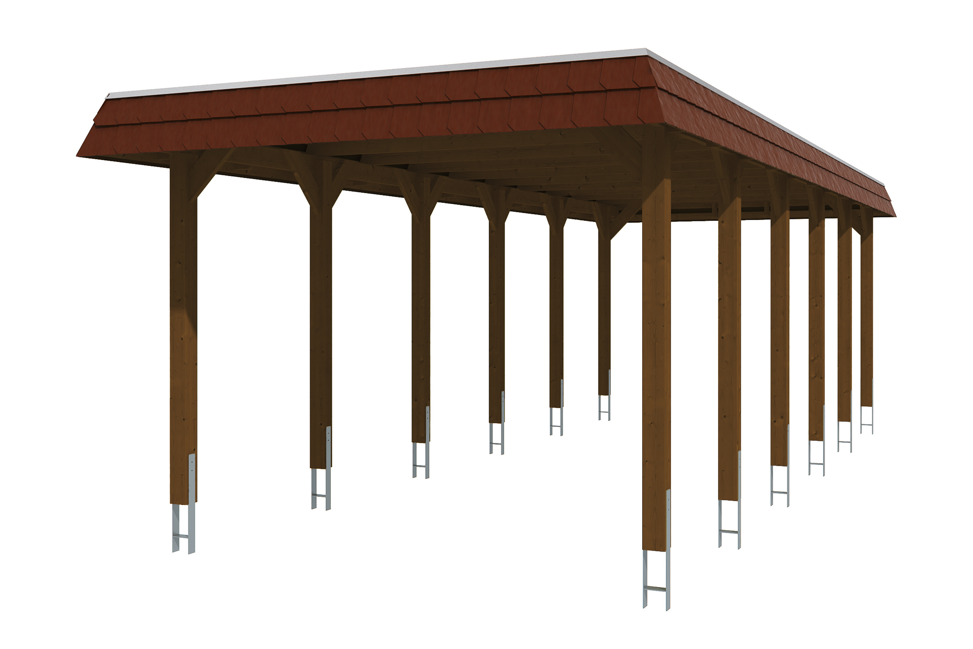 Produktbild: Carport Spreewald 345 x 893 cm mit roter Blende, farblich behandelt in nussbaum