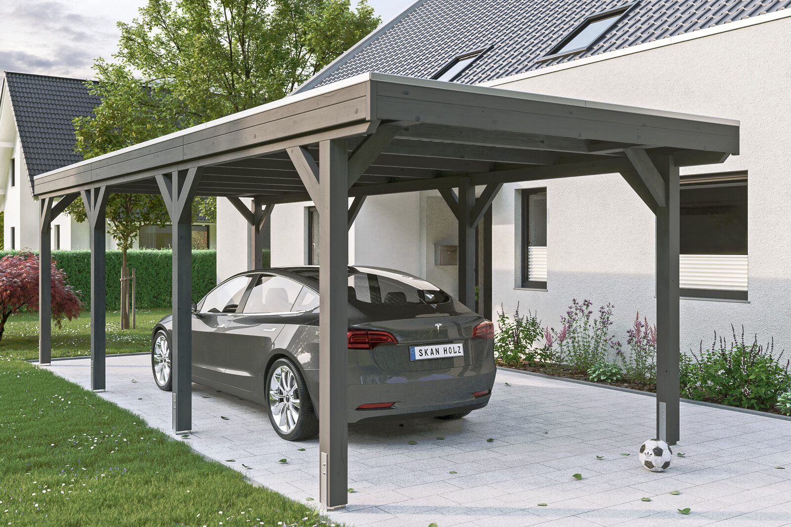 Carport Grunewald 321 x 796 cm with EPDM roof, colour pre-treated slate-grey