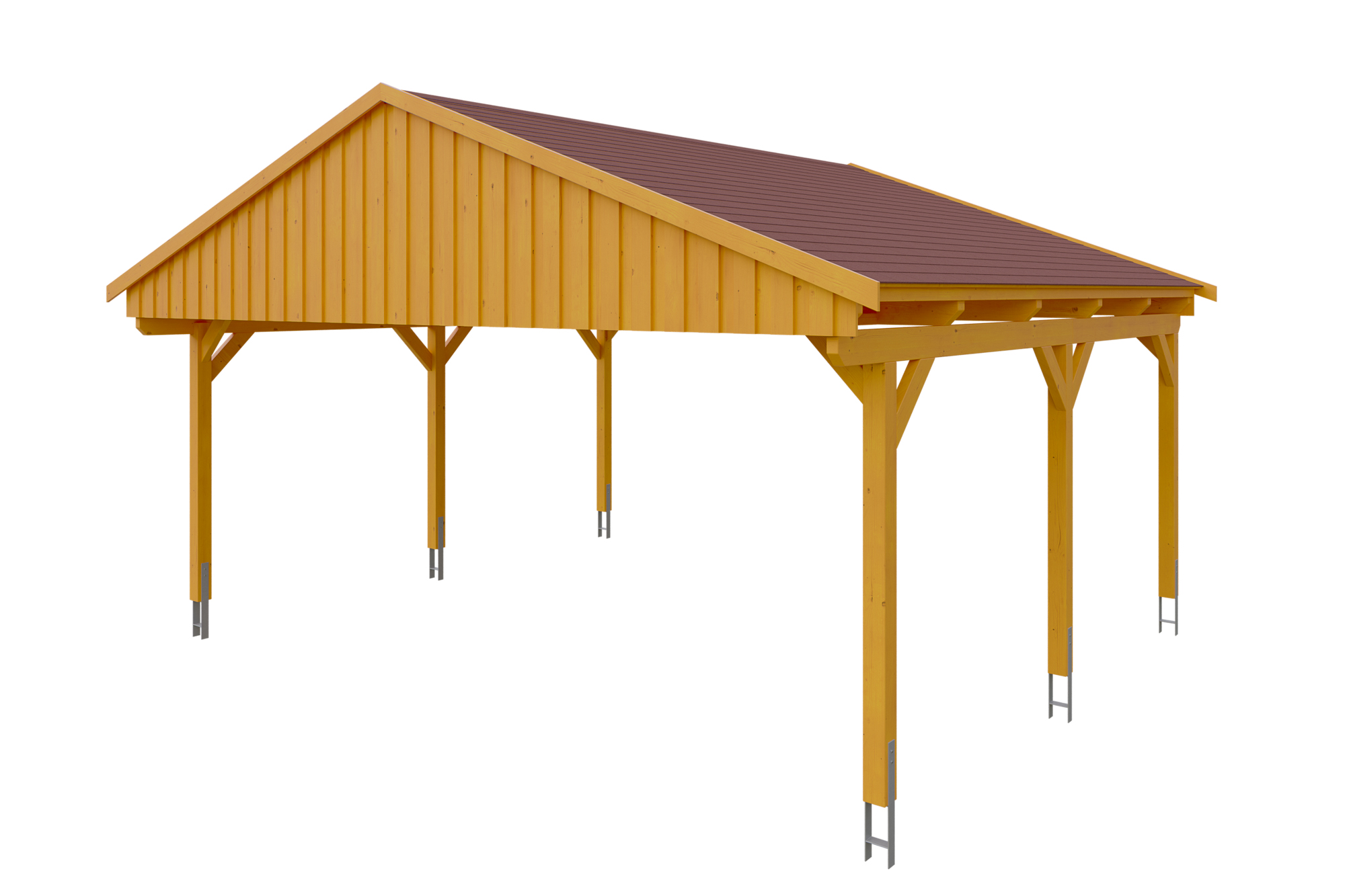Produktbild: Carport Fichtelberg 618 x 566 cm, farblich behandelt in eiche hell, mit roten Dachschindeln
