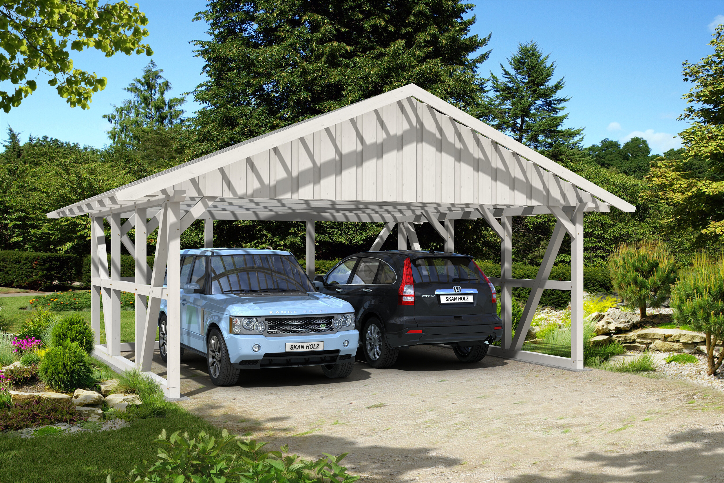 Carport Schwarzwald 684 x 600 cm mit Rückwand, weiß, mit Dachlattung