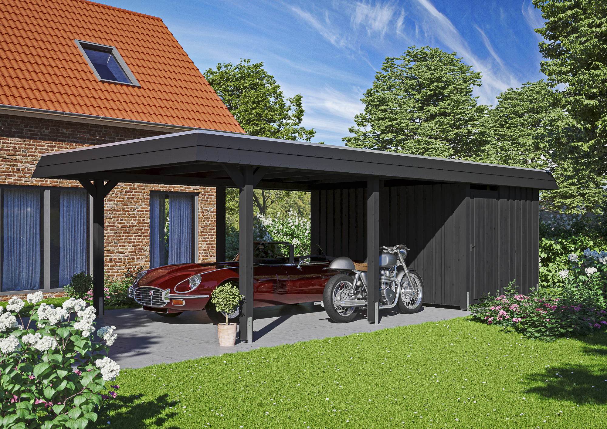 Ambientebild: Carport Wendland 409 x 870 cm, mit Abstellraum, mit schwarzer Blende, farblich behandelt in anthrazit