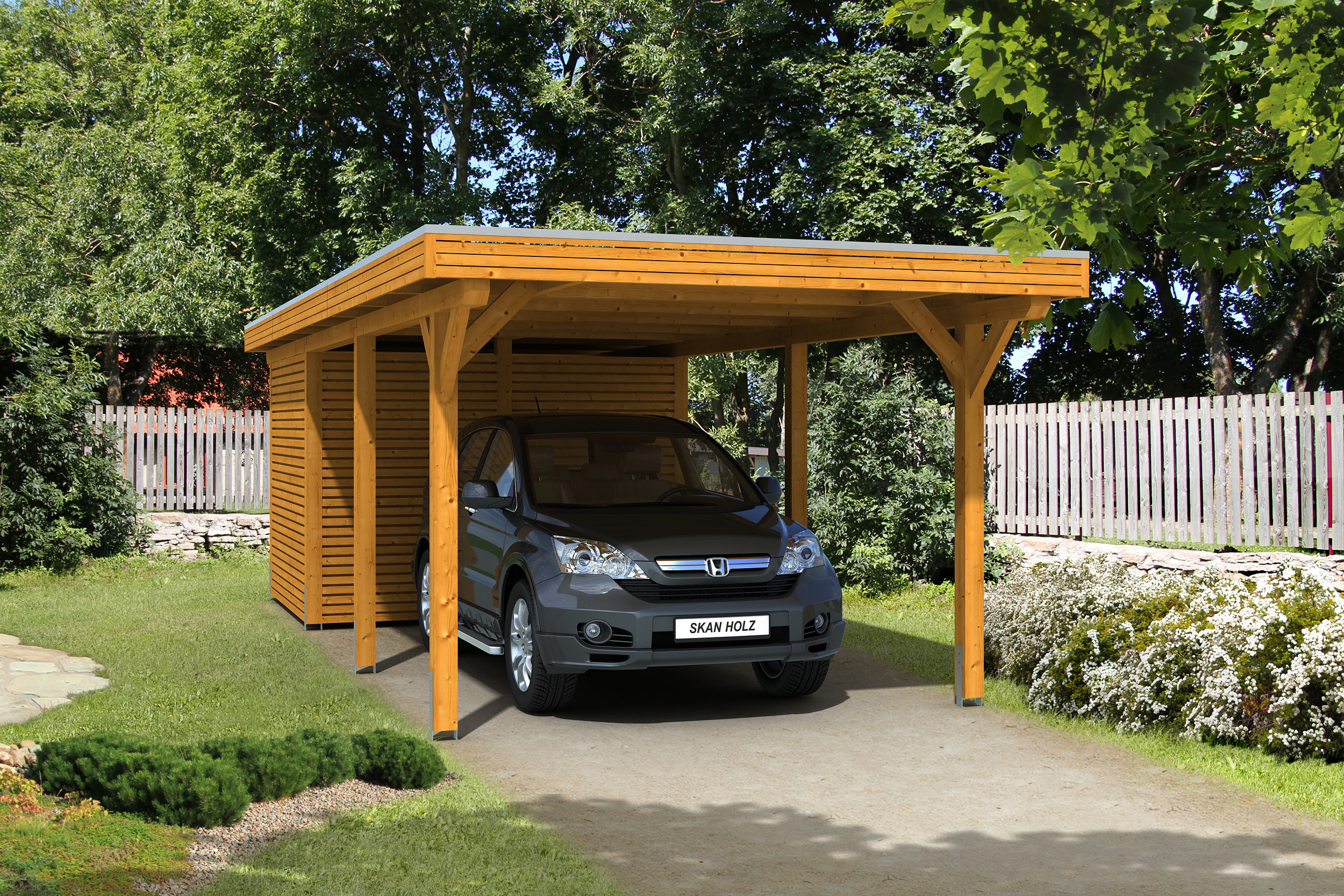 Ambientebild: Carport Spessart 355 x 846 cm mit Abstellraum, farblich behandelt in eiche hell