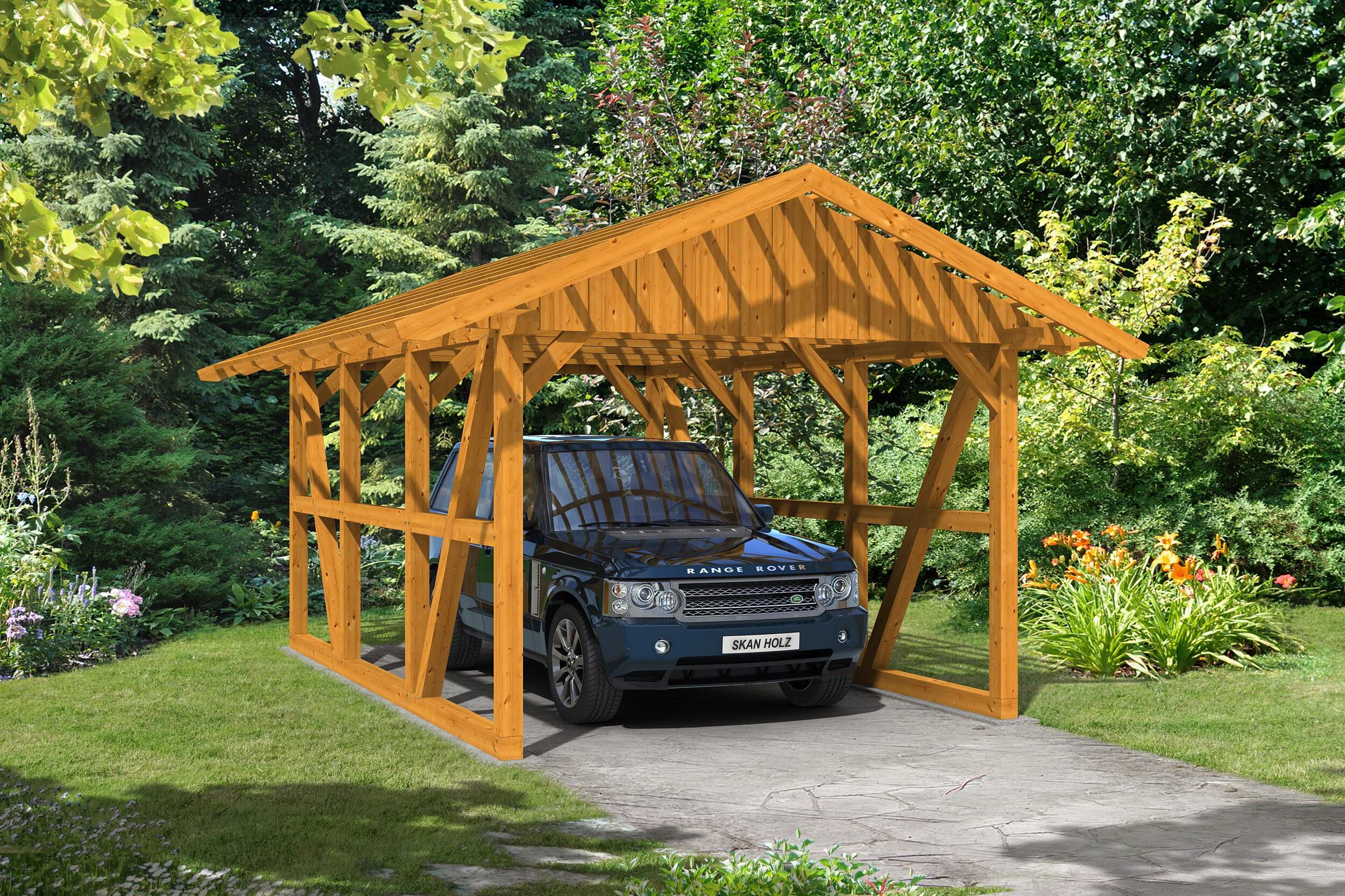 Carport SCHWARZWALD 434x600cm avec lattis, KVH-bois d'épinette, traitement coloré chêne clair