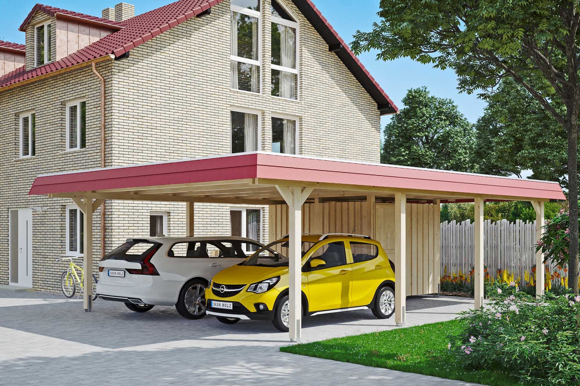 Ambientebild: Carport Wendland 630 x 879 cm, mit Abstellraum, mit roter Blende