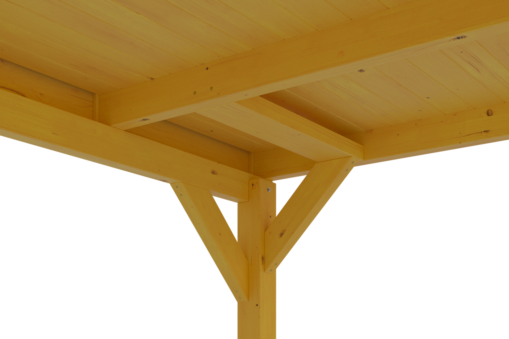Detailbild: Dachkonstruktion beim Carport Grunewald, farblich behandelt in eiche hell, mit Dachschalung (von unten)