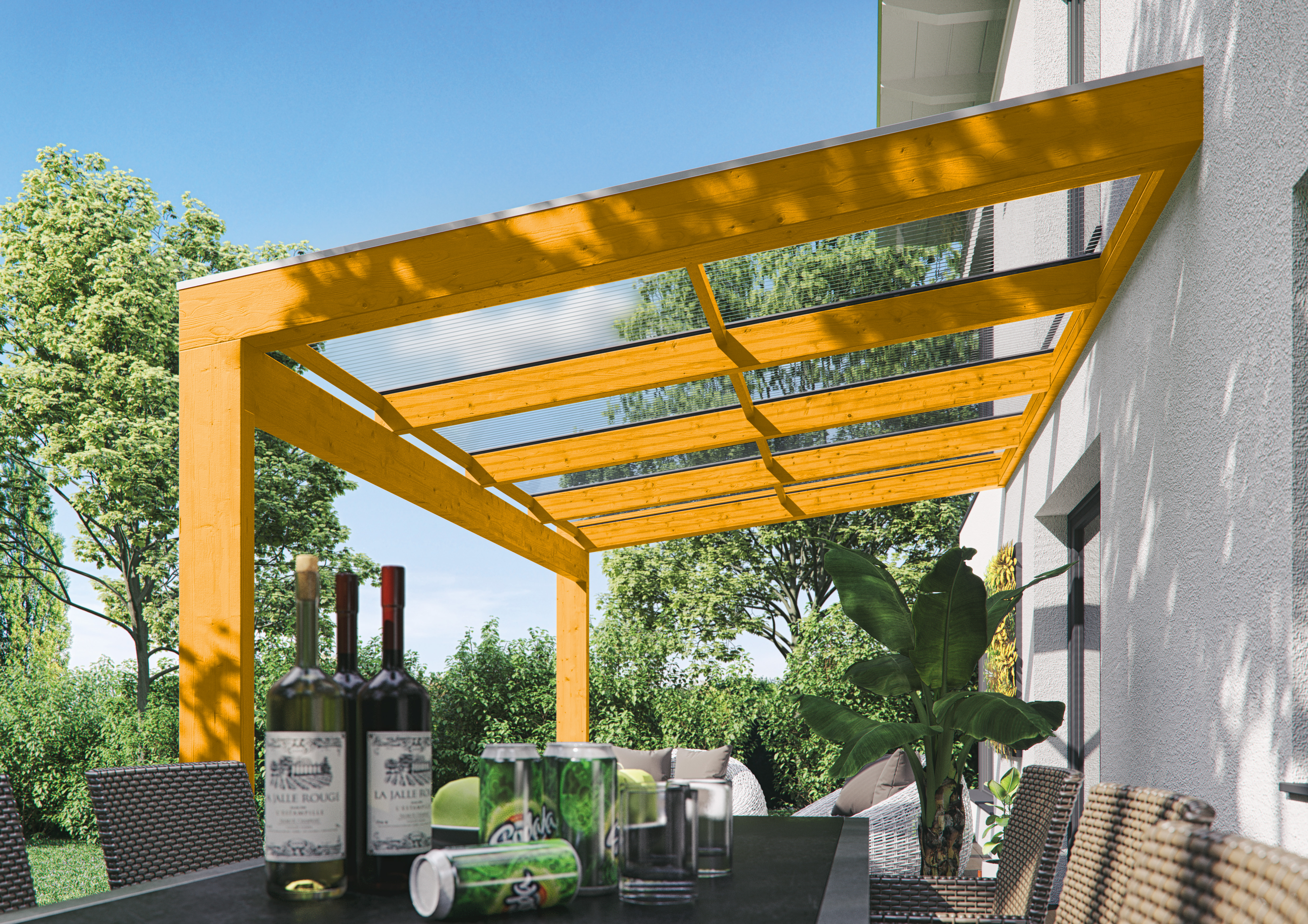 Seitenansicht einer Terrassenüberdachung Novara farblich behandelt farblich behandelt in eiche hell