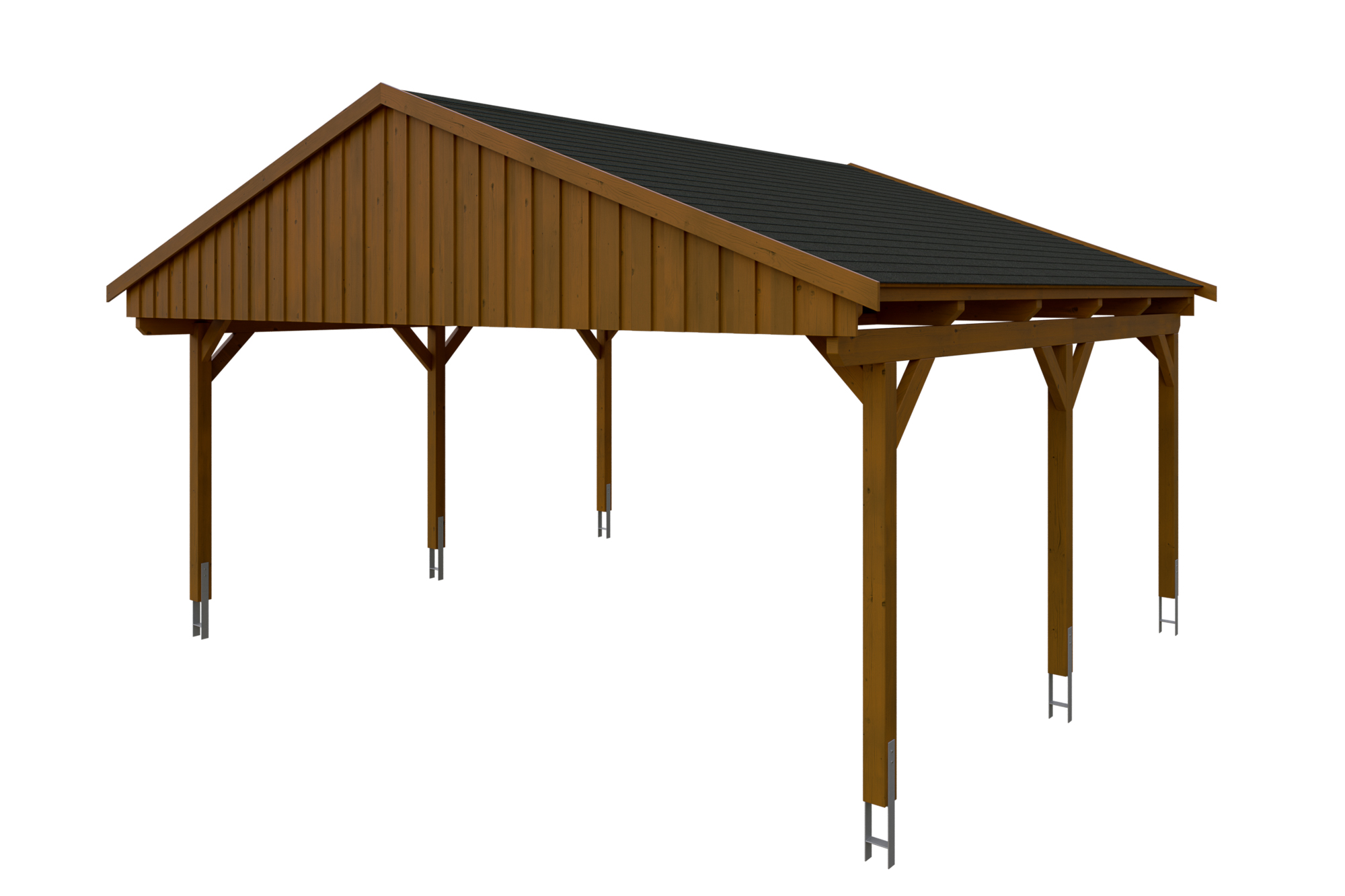 Carport Fichtelberg 618 x 566 cm, zwarte dakshingels, gelakt in noten
