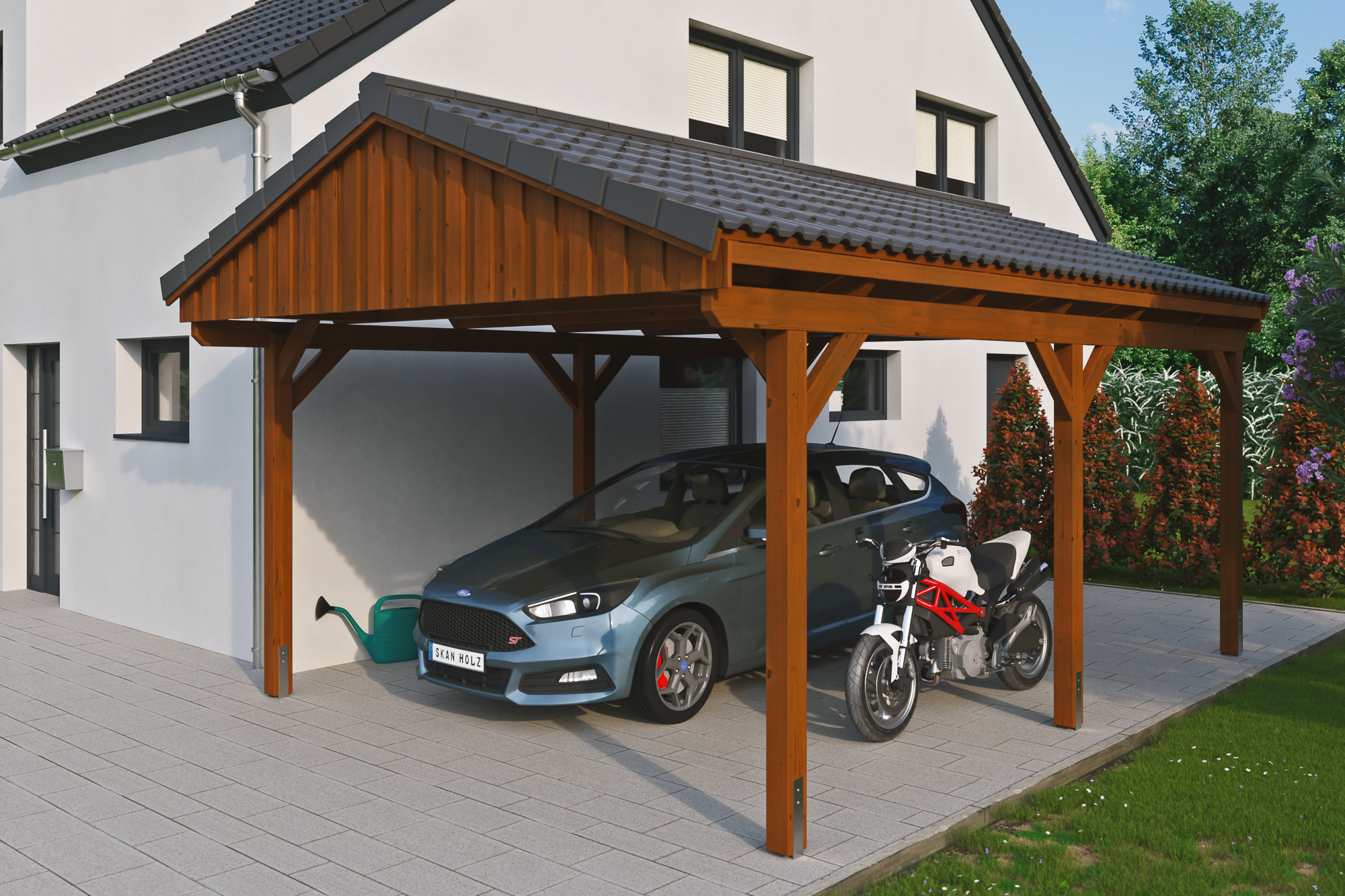 Ambientebild: Carport Fichtelberg 423 x 566 cm, farblich behandelt in nussbaum, mit Dachziegeln